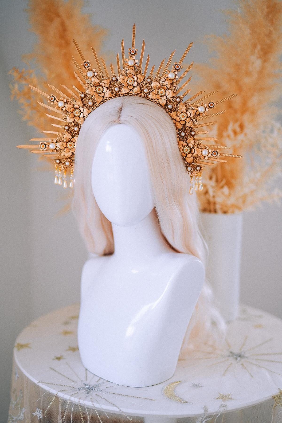 Bridal Halo Crown Gold Goddess Headpiece Boho Wedding Crown