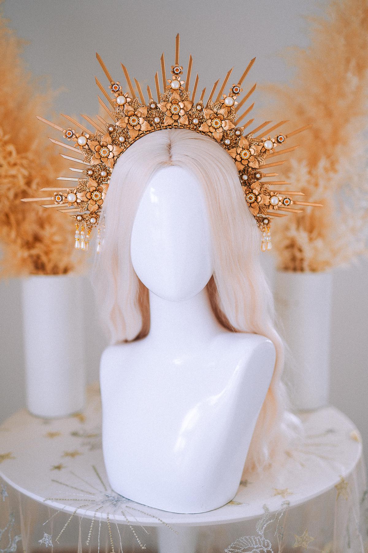 Bridal Halo Crown Gold Goddess Headpiece Boho Wedding Crown