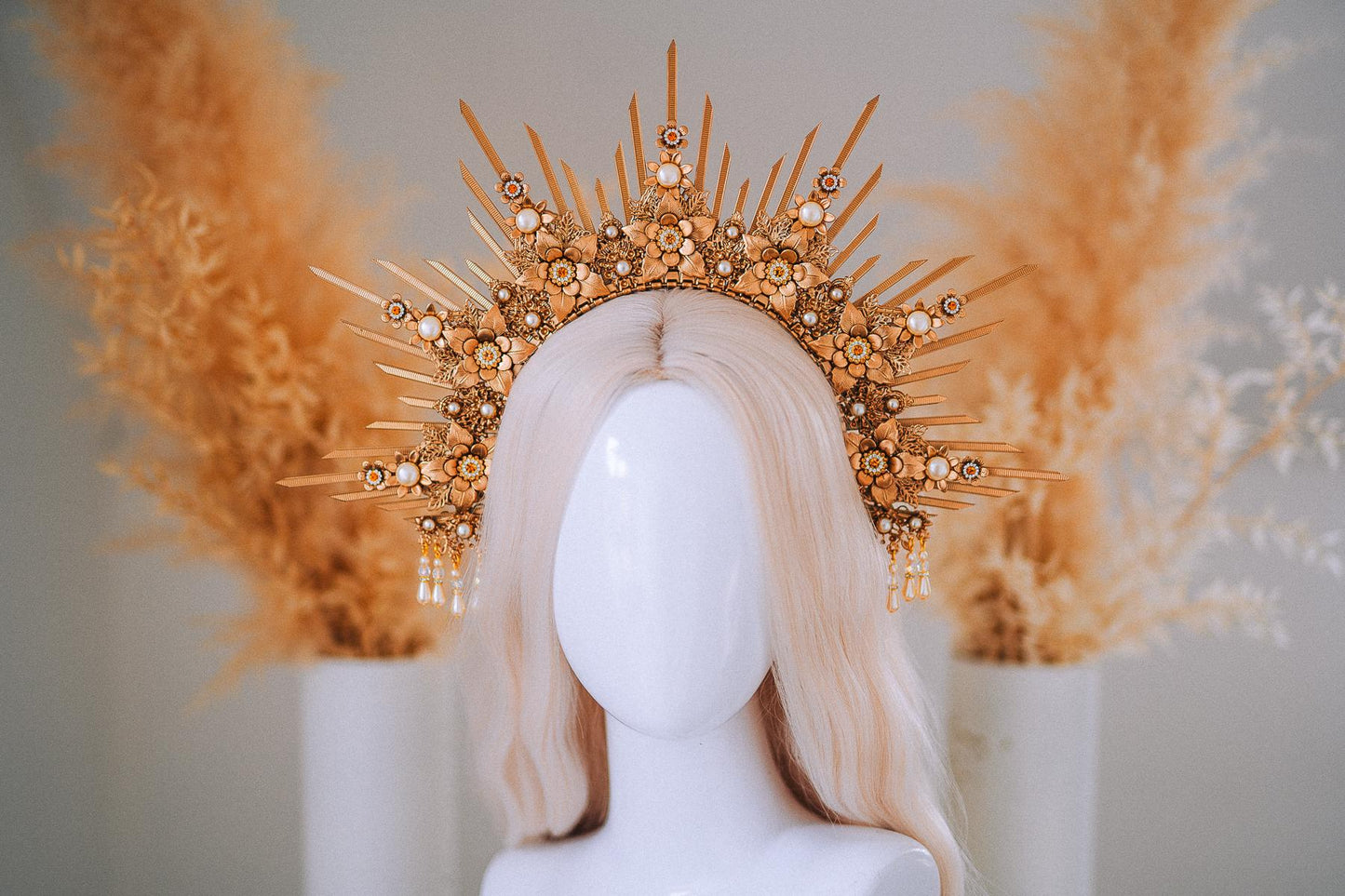 Bridal Halo Crown Gold Goddess Headpiece Boho Wedding Crown