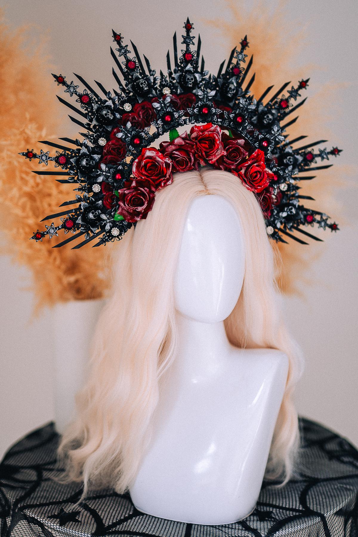 Gothic Morticia Addams Crown Black Red Gold Dark Queen Headpiece Halloween Costume