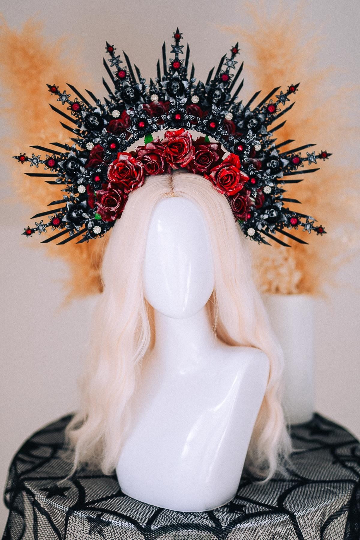 Gothic Morticia Addams Crown Black Red Gold Dark Queen Headpiece Halloween Costume