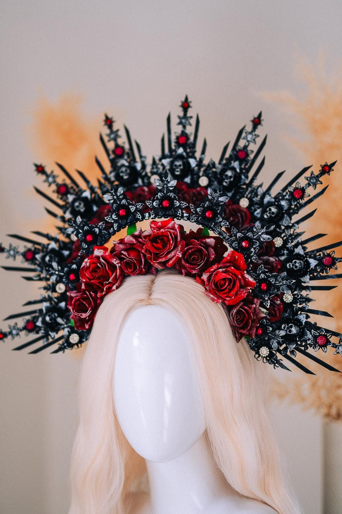 Gothic Morticia Addams Crown Black Red Gold Dark Queen Headpiece Halloween Costume