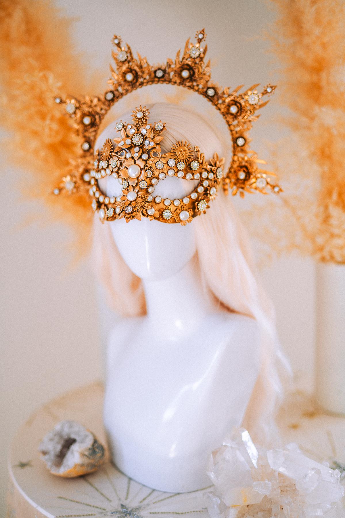 Gold Goddess Mask Masquerade Mask Pearl Crystal Mask Bridal Mask Headpiece