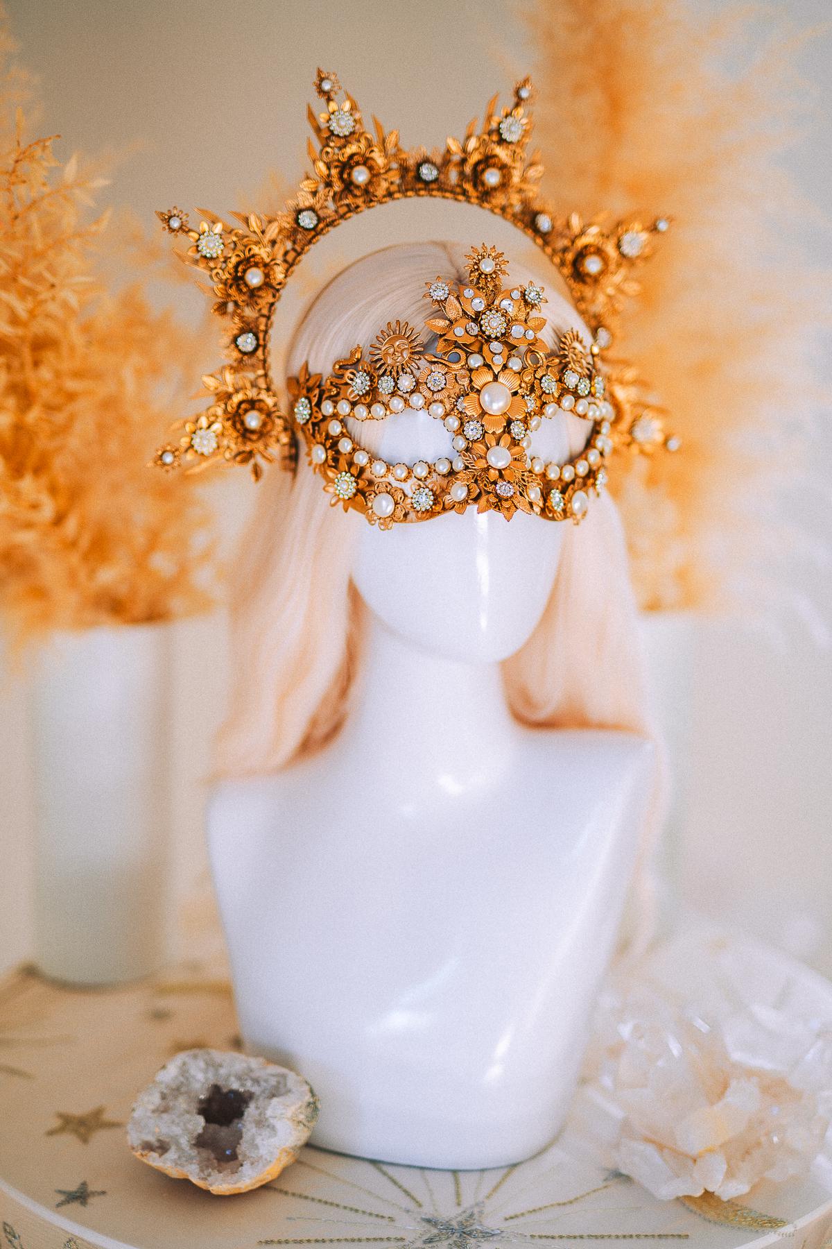 Gold Goddess Mask Masquerade Mask Pearl Crystal Mask Bridal Mask Headpiece