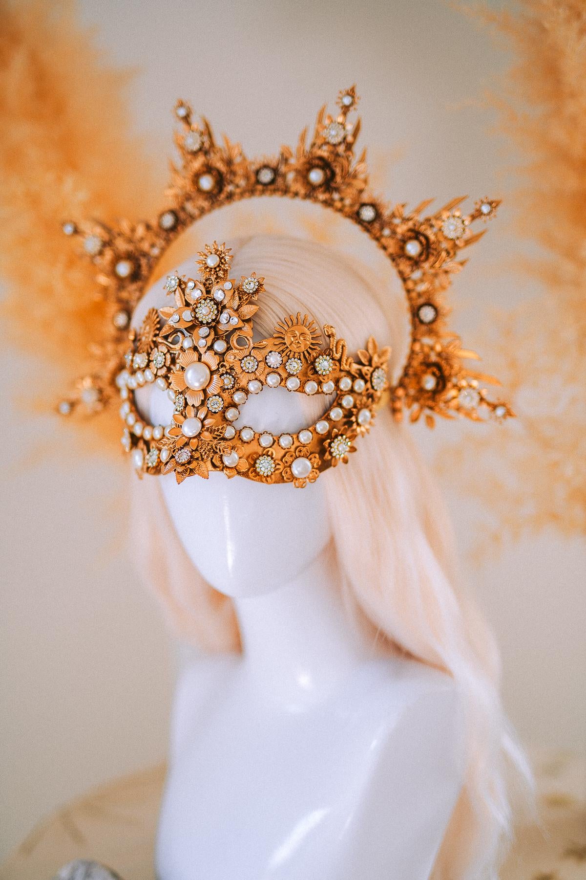 Gold Goddess Mask Masquerade Mask Pearl Crystal Mask Bridal Mask Headpiece