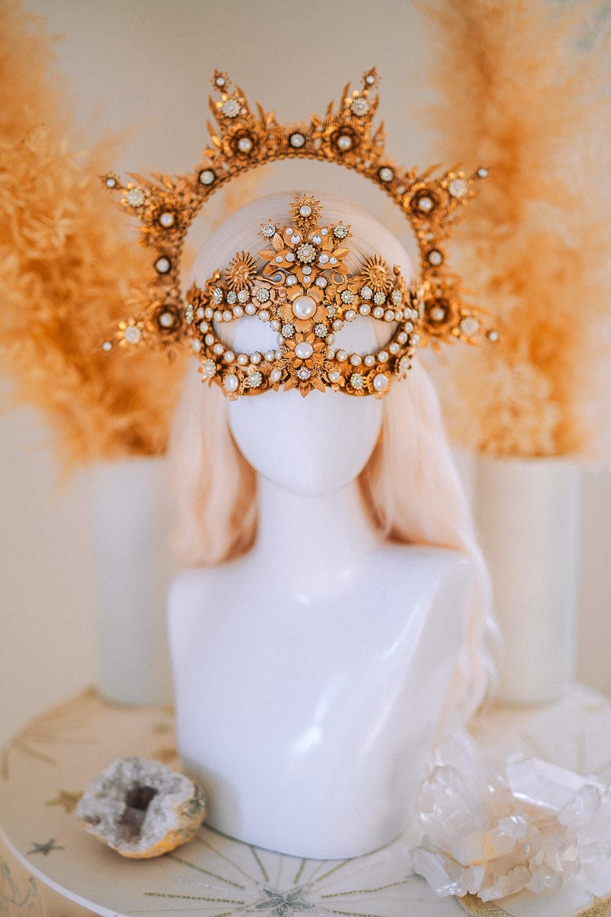 Gold Goddess Mask Masquerade Mask Pearl Crystal Mask Bridal Mask Headpiece