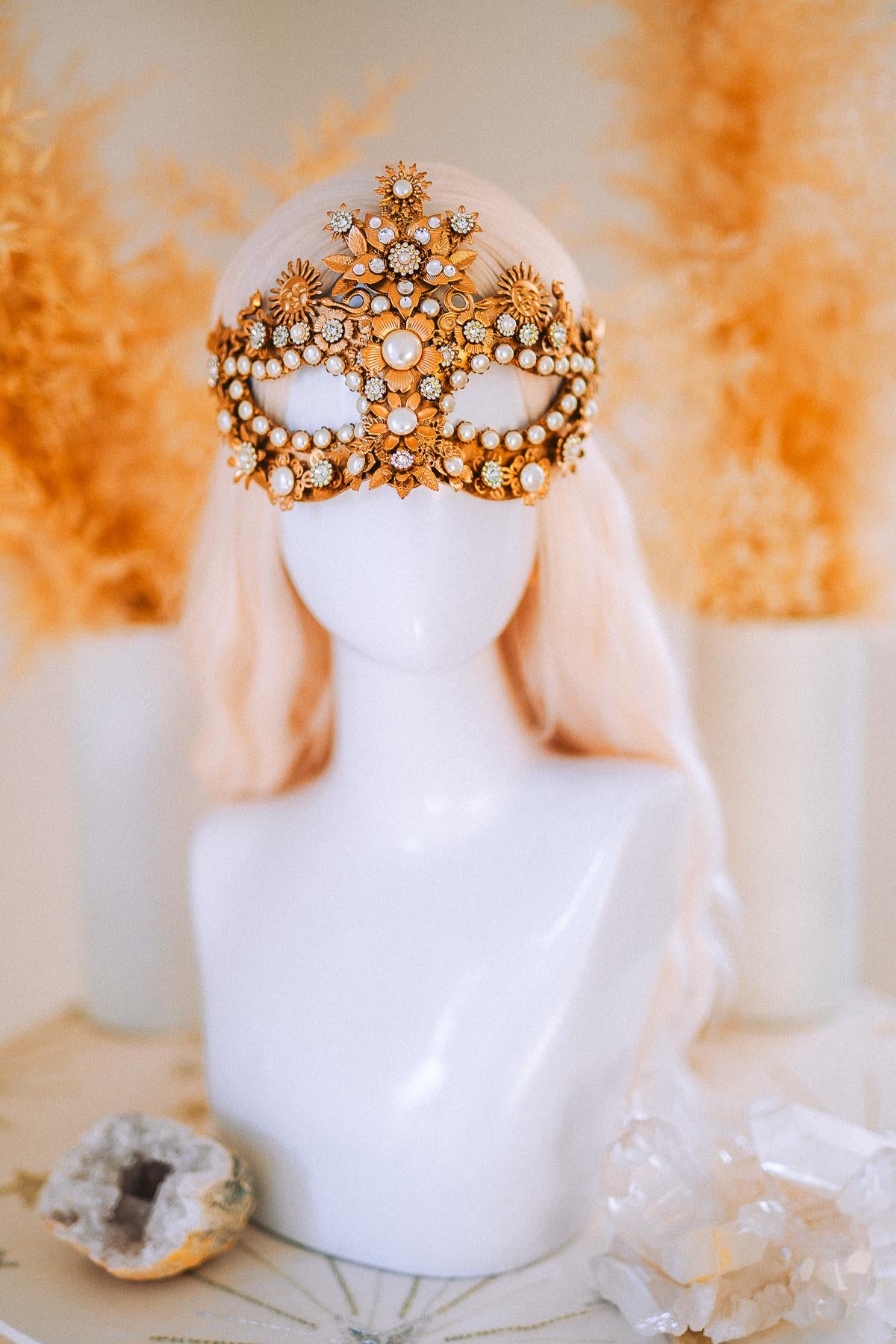 Gold Goddess Mask Masquerade Mask Pearl Crystal Mask Bridal Mask Headpiece