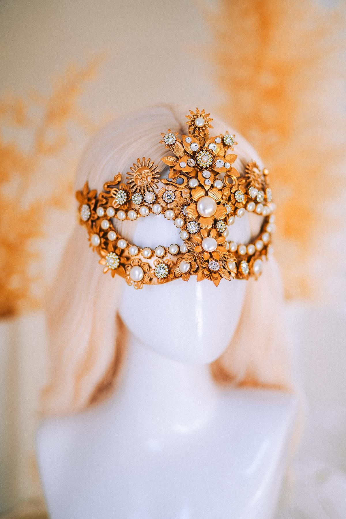 Gold Goddess Mask Masquerade Mask Pearl Crystal Mask Bridal Mask Headpiece