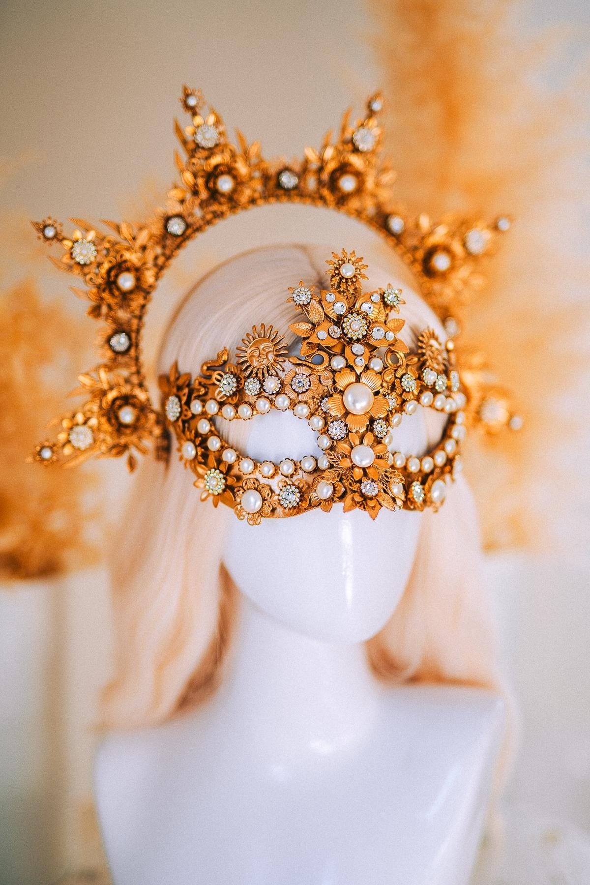 Gold Goddess Mask Masquerade Mask Pearl Crystal Mask Bridal Mask Headpiece
