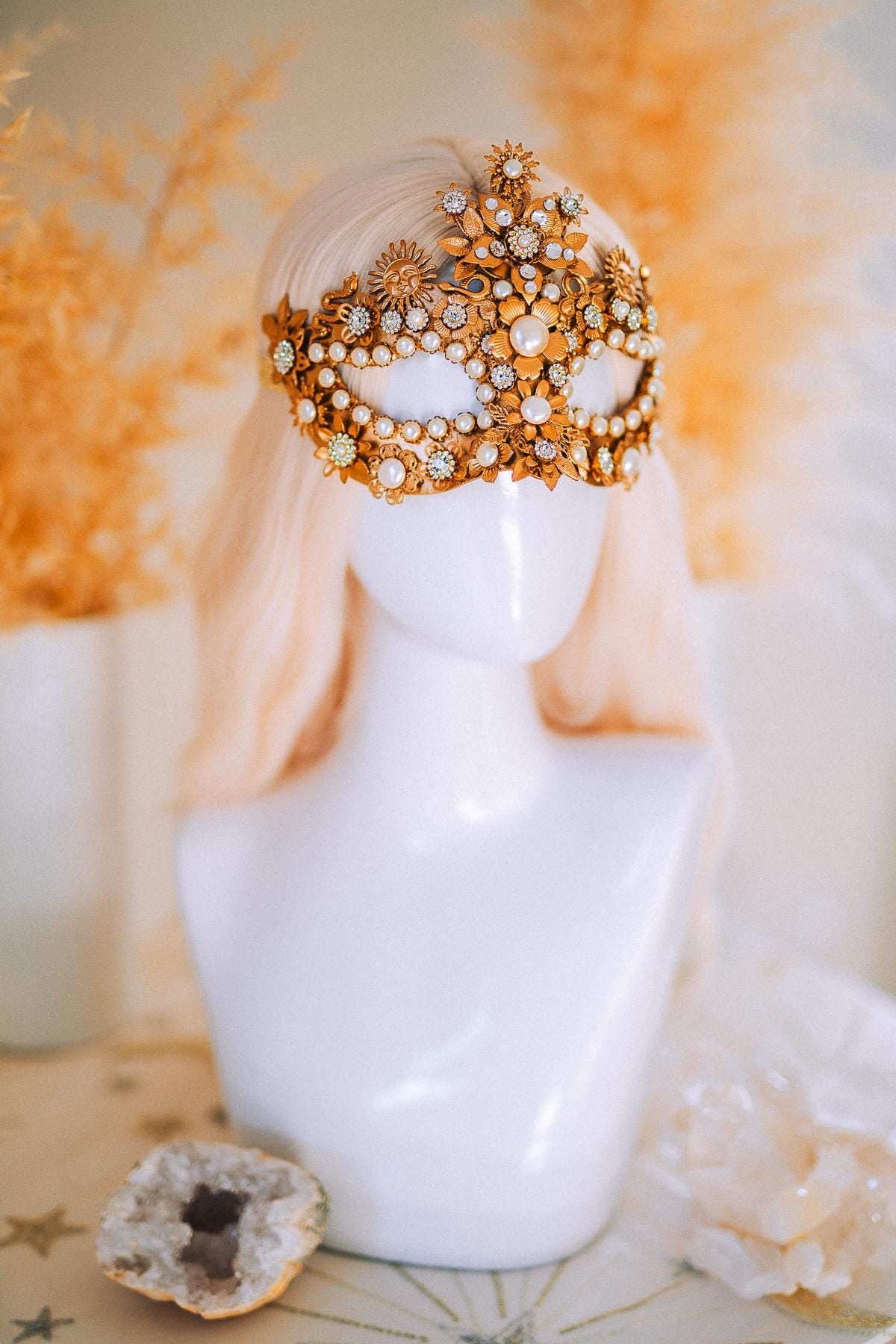 Gold Goddess Mask Masquerade Mask Pearl Crystal Mask Bridal Mask Headpiece