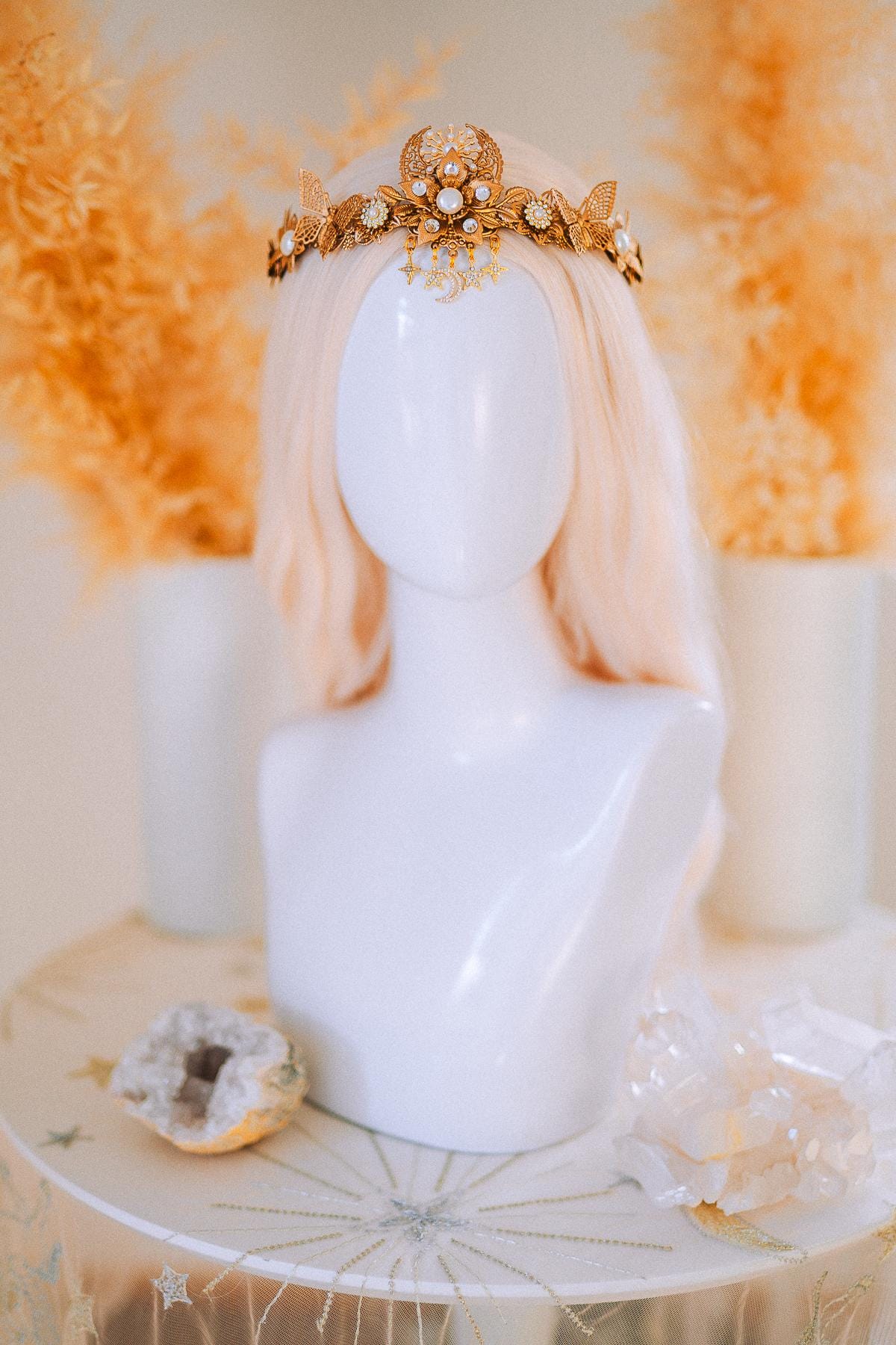 Gold Bridal Tiara Celestial Wedding Crown Pearl Crystal Boho Headpiece