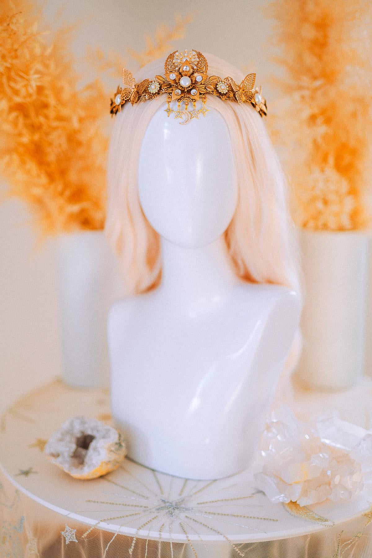Gold Bridal Tiara Celestial Wedding Crown Pearl Crystal Boho Headpiece