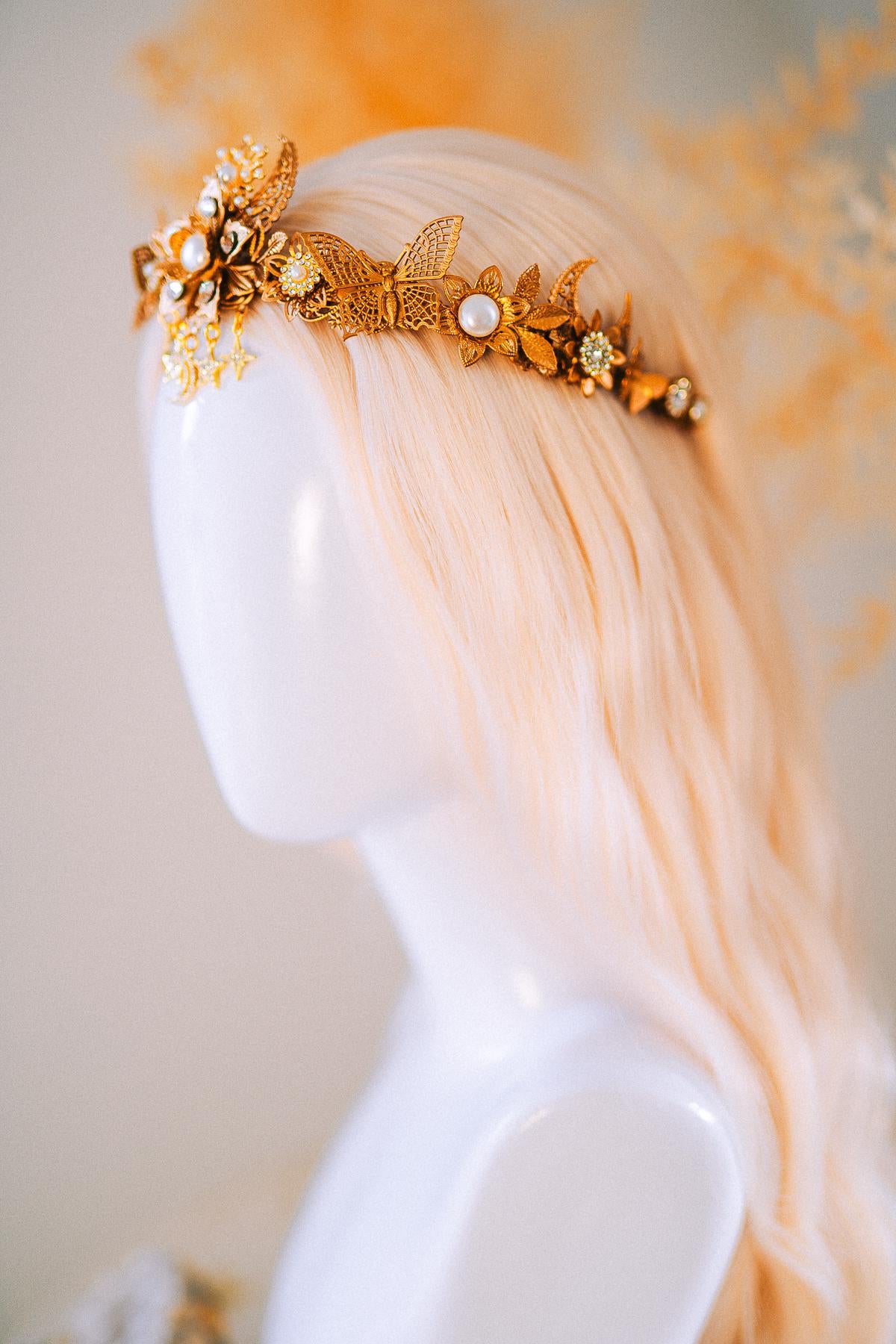 Gold Bridal Tiara Celestial Wedding Crown Pearl Crystal Boho Headpiece