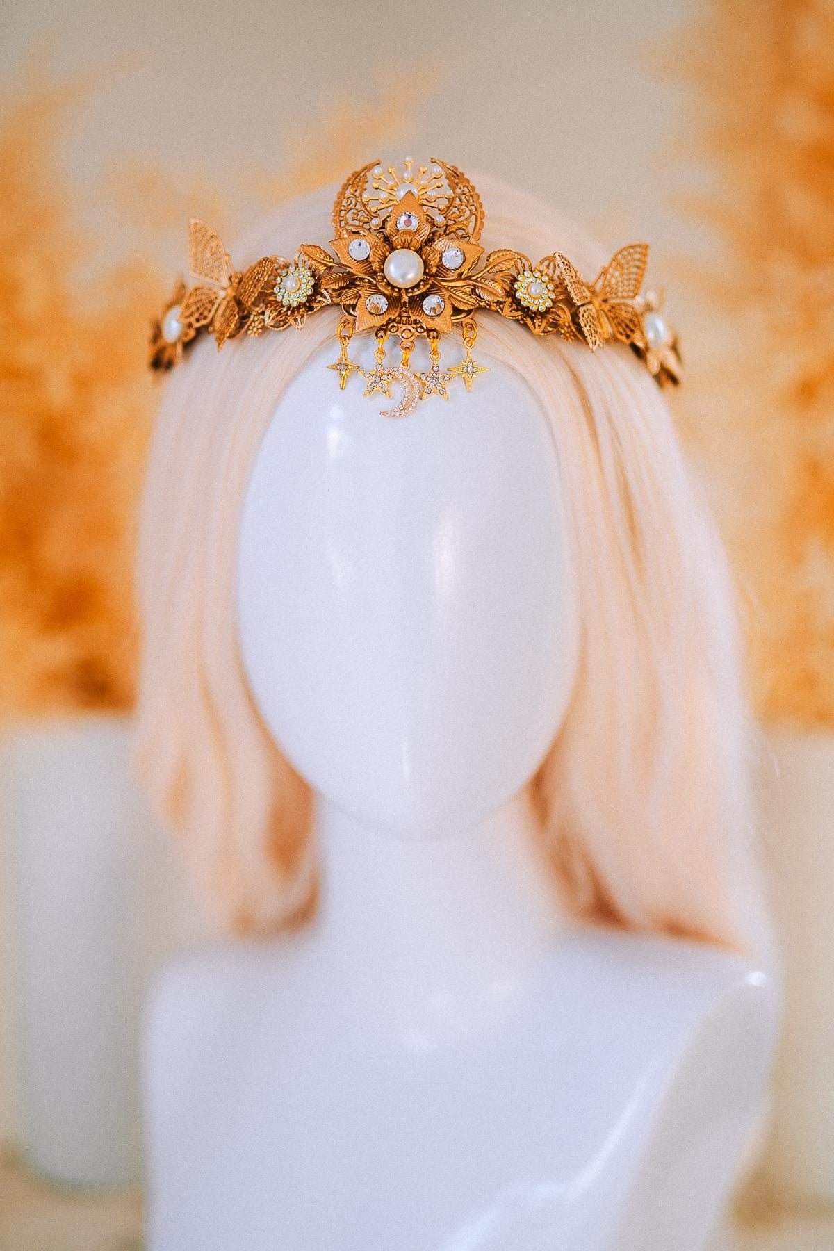 Gold Bridal Tiara Celestial Wedding Crown Pearl Crystal Boho Headpiece
