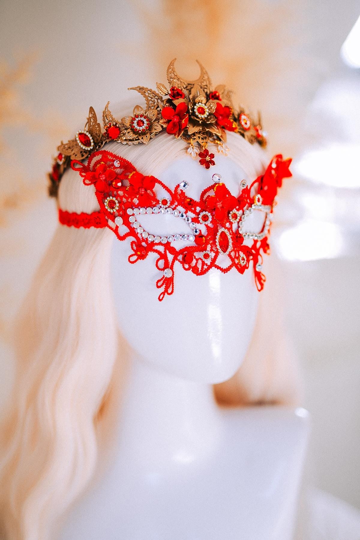 Red Gold Bridal Tiara Moon Crown Floral Wedding Headpiece Crystal Pearl