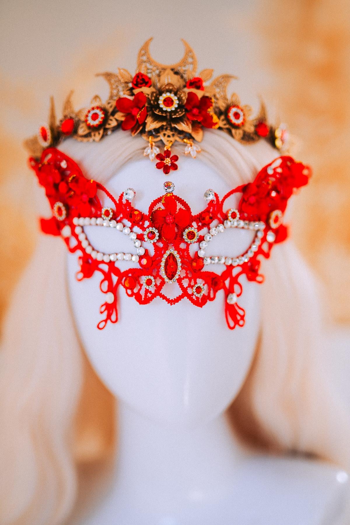 Red Gold Bridal Tiara Moon Crown Floral Wedding Headpiece Crystal Pearl