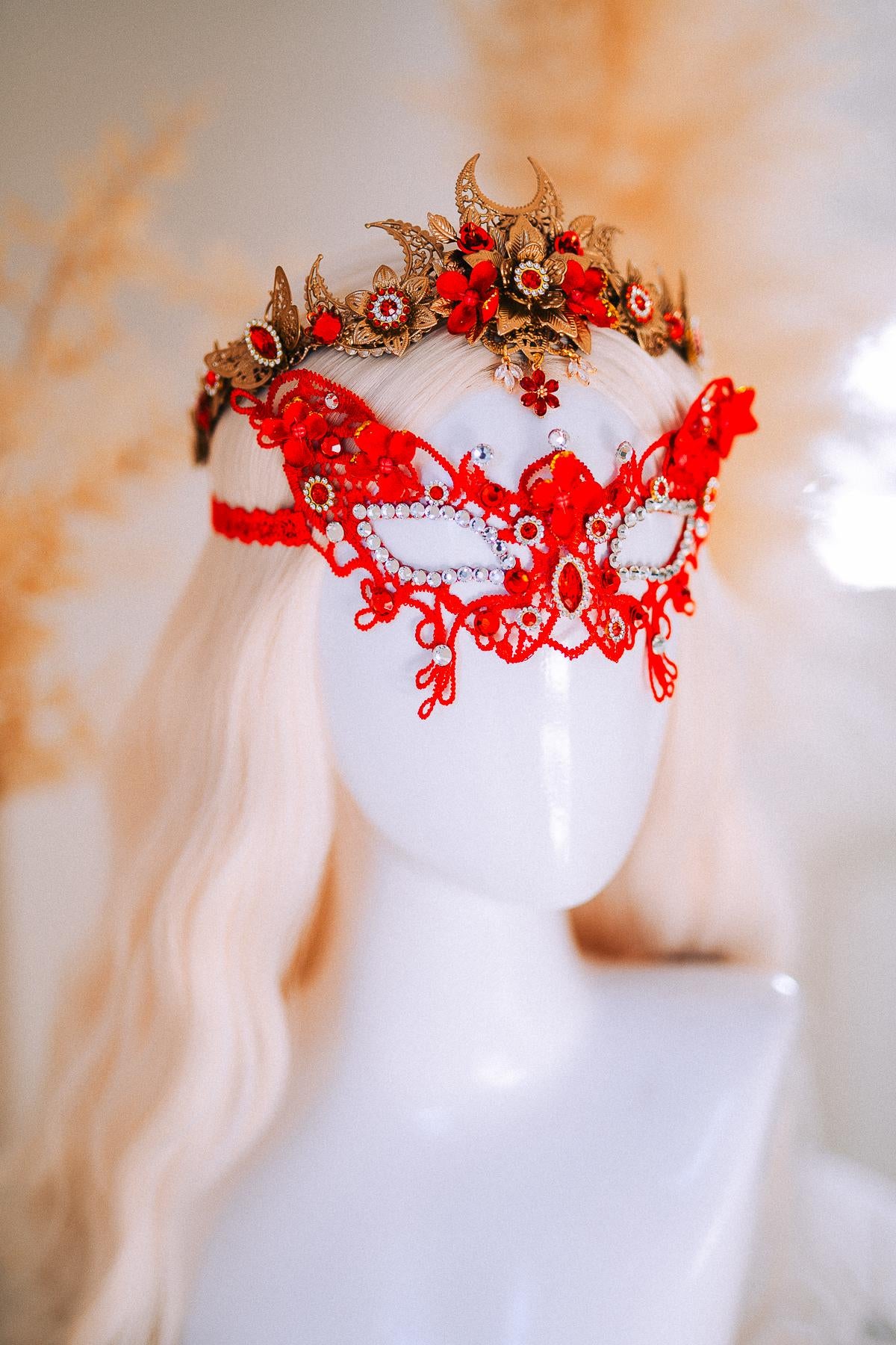 Red Gold Bridal Tiara Moon Crown Floral Wedding Headpiece Crystal Pearl