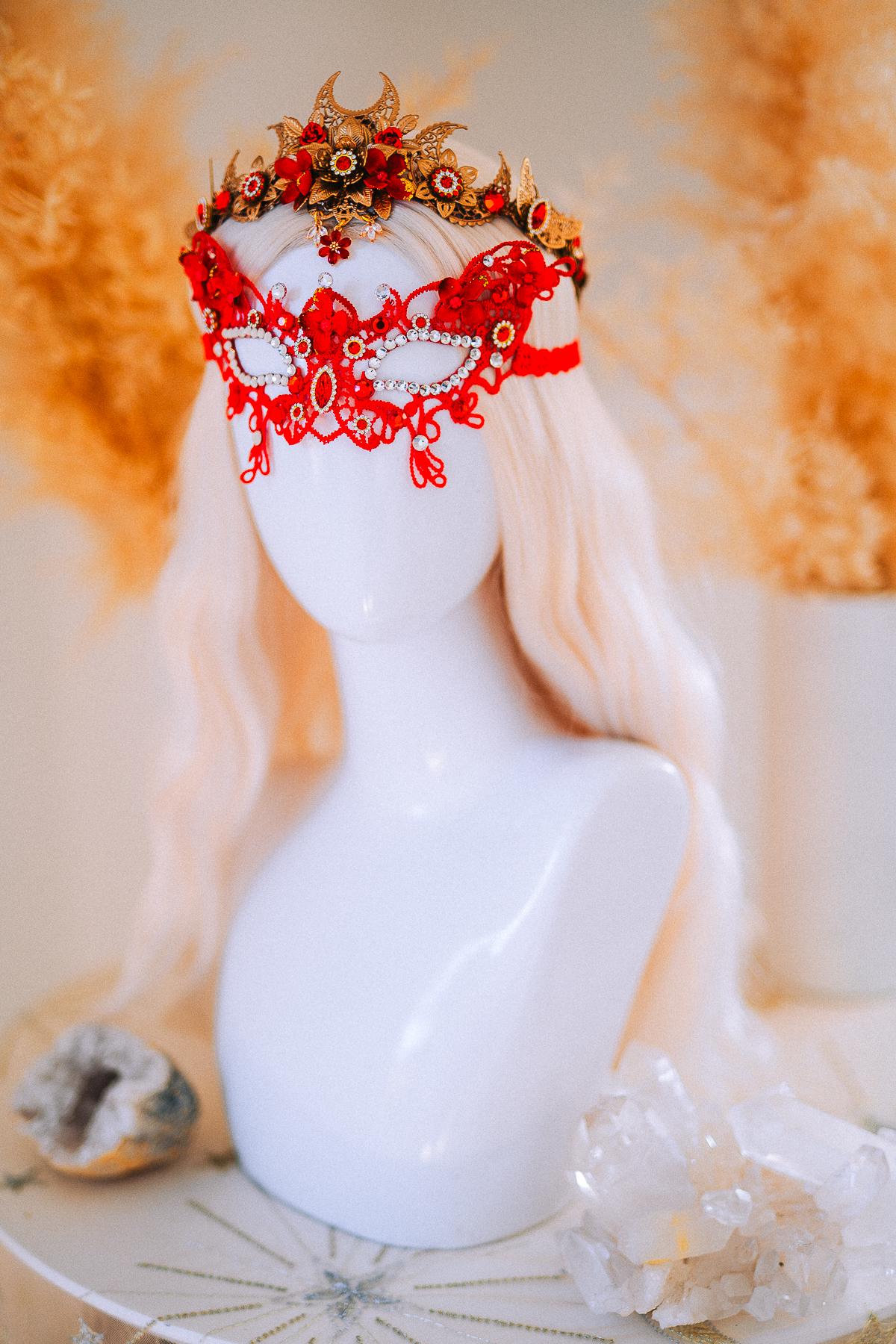 Red Gold Bridal Tiara Moon Crown Floral Wedding Headpiece Crystal Pearl