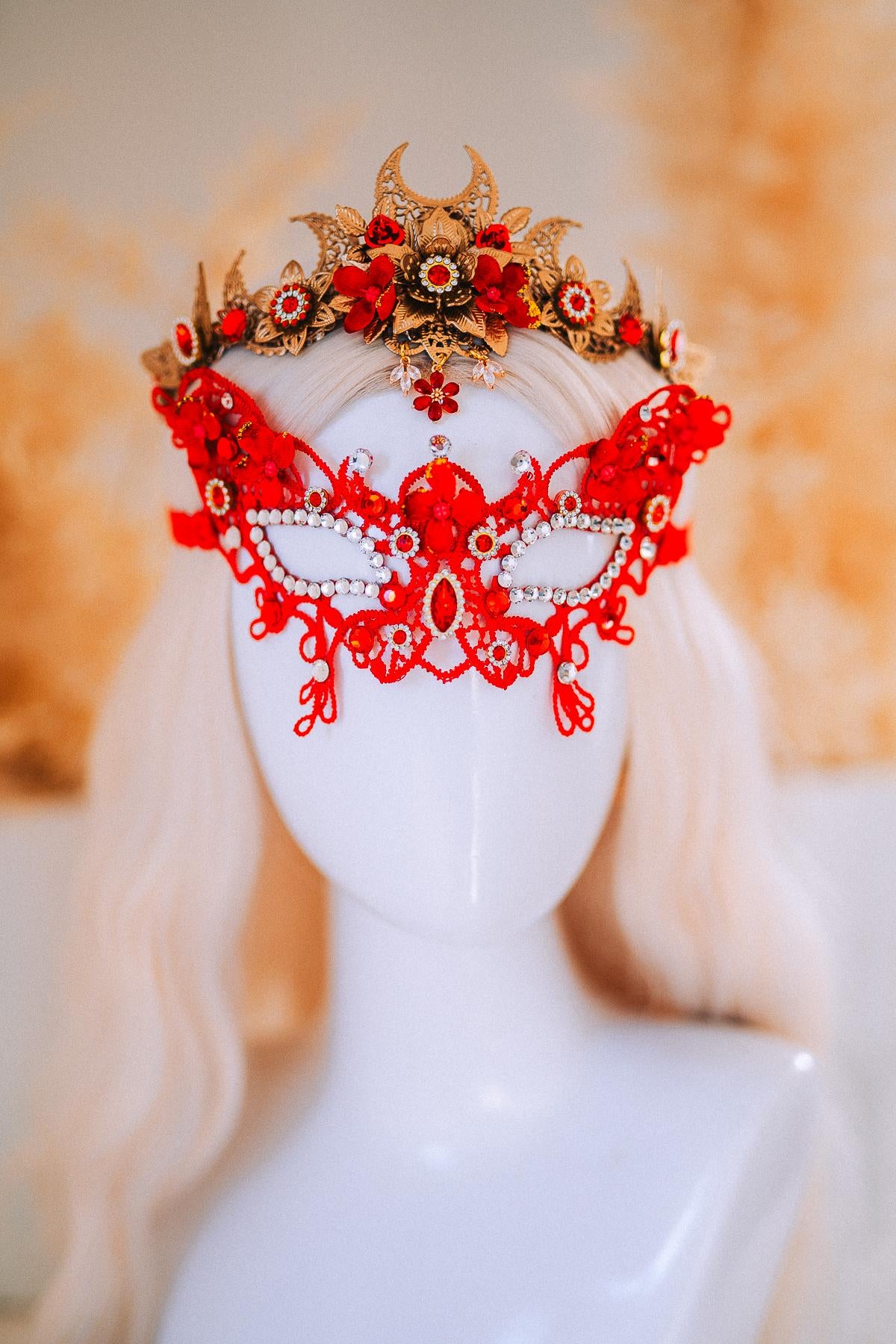 Red Gold Bridal Tiara Moon Crown Floral Wedding Headpiece Crystal Pearl