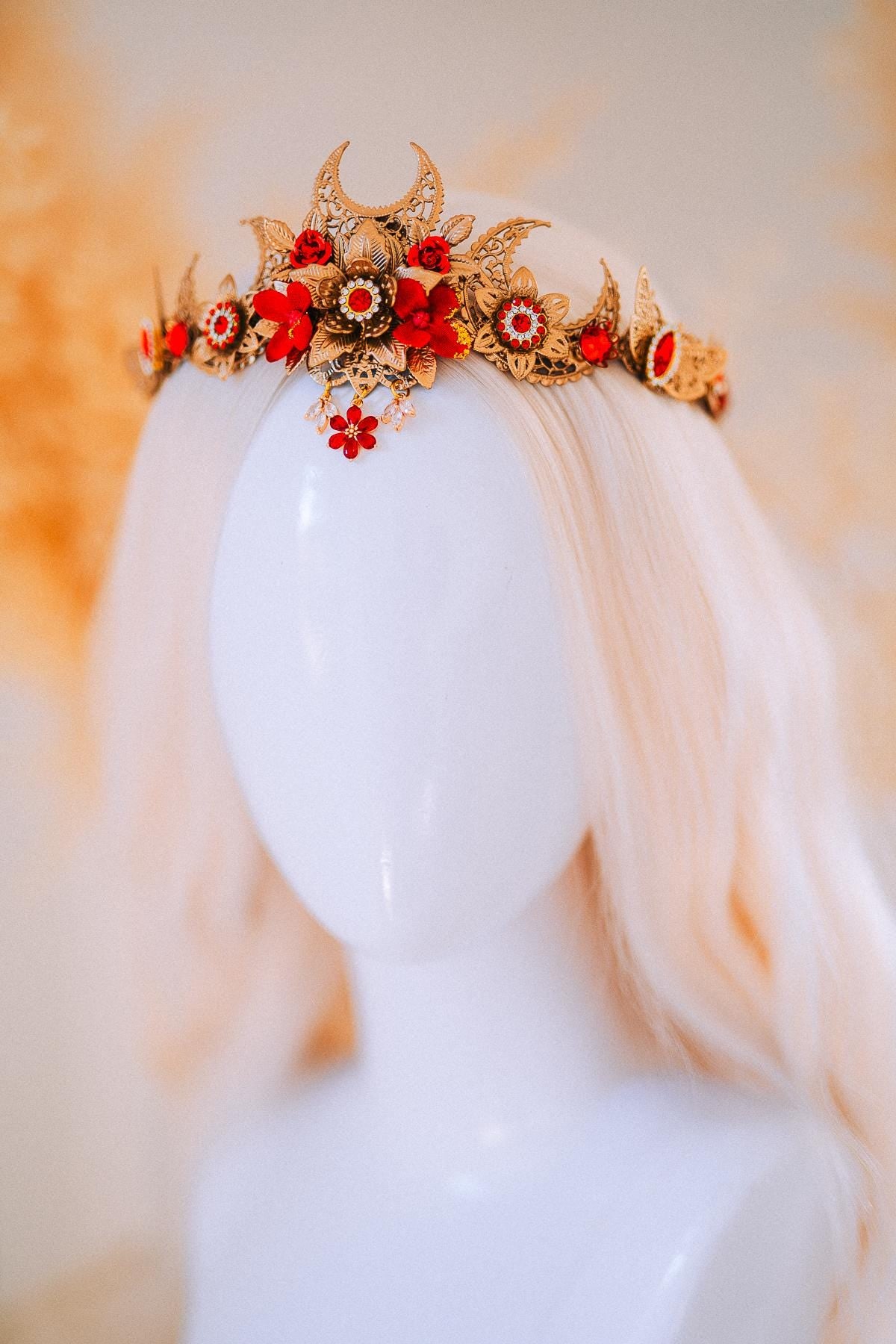 Red Gold Bridal Tiara Moon Crown Floral Wedding Headpiece Crystal Pearl