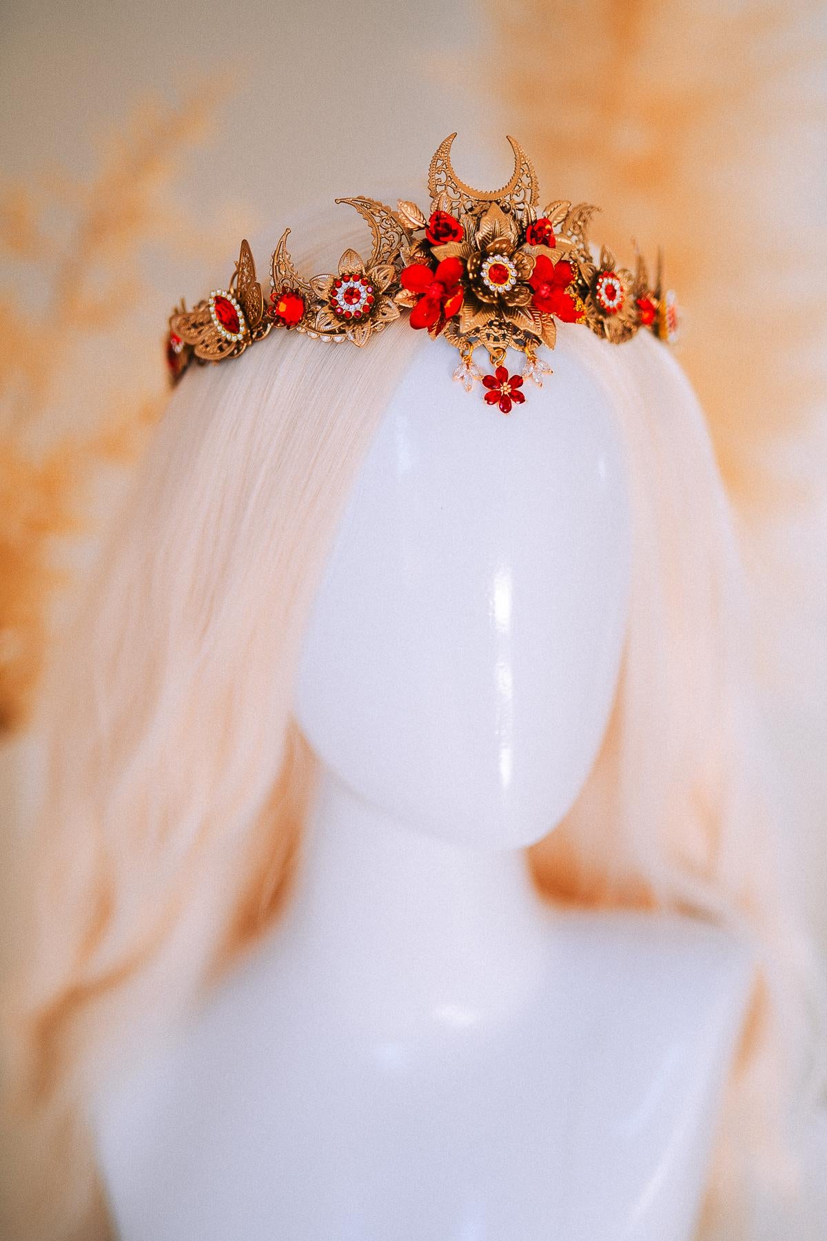Red Gold Bridal Tiara Moon Crown Floral Wedding Headpiece Crystal Pearl