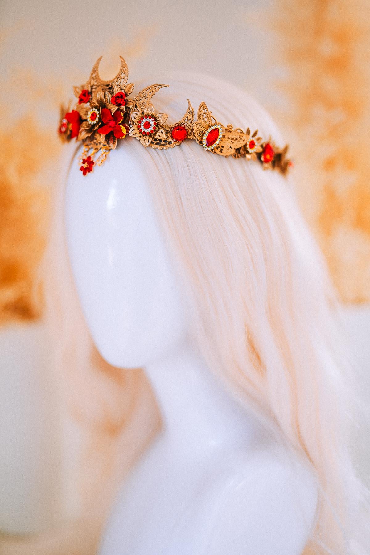 Red Gold Bridal Tiara Moon Crown Floral Wedding Headpiece Crystal Pearl