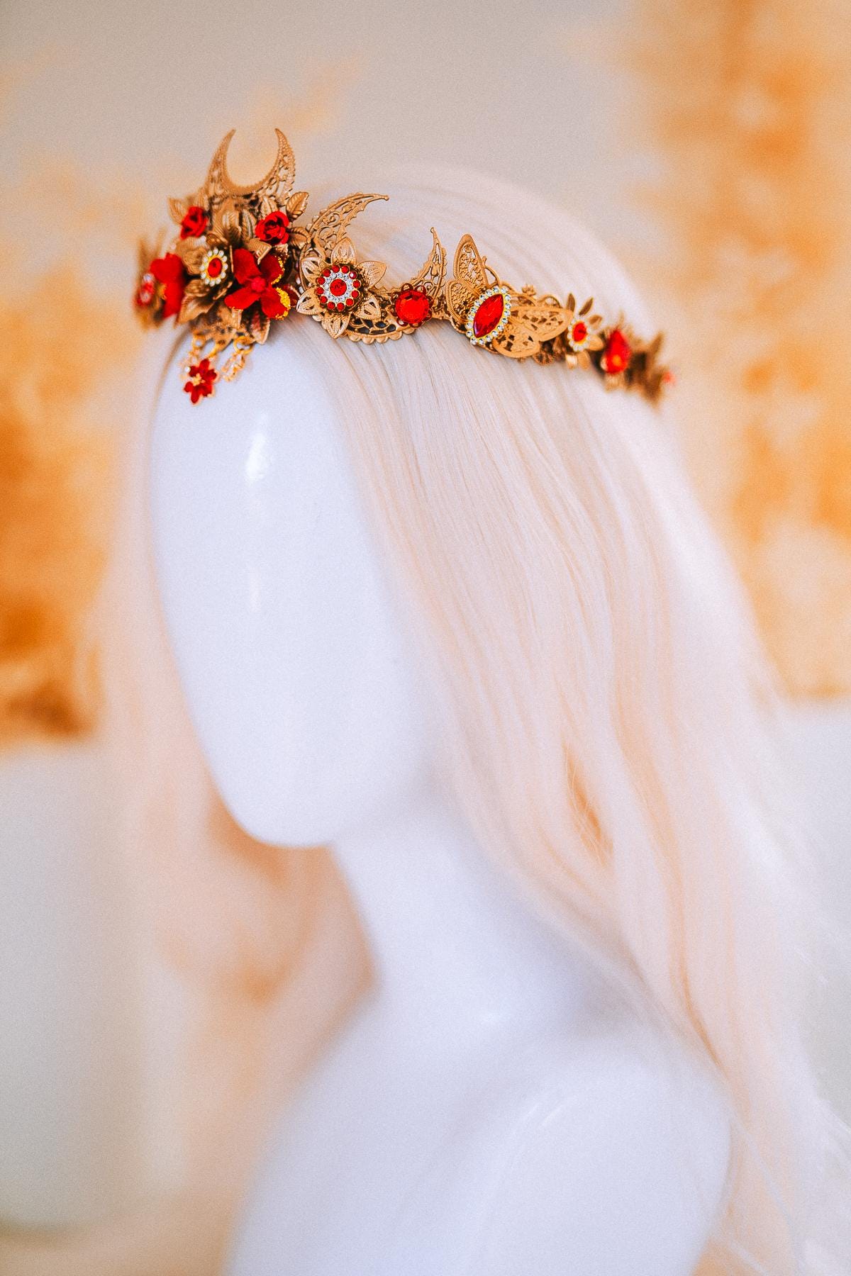 Red Lace Masquerade Mask with Crystal Pearls, Moon Floral Tiara Set