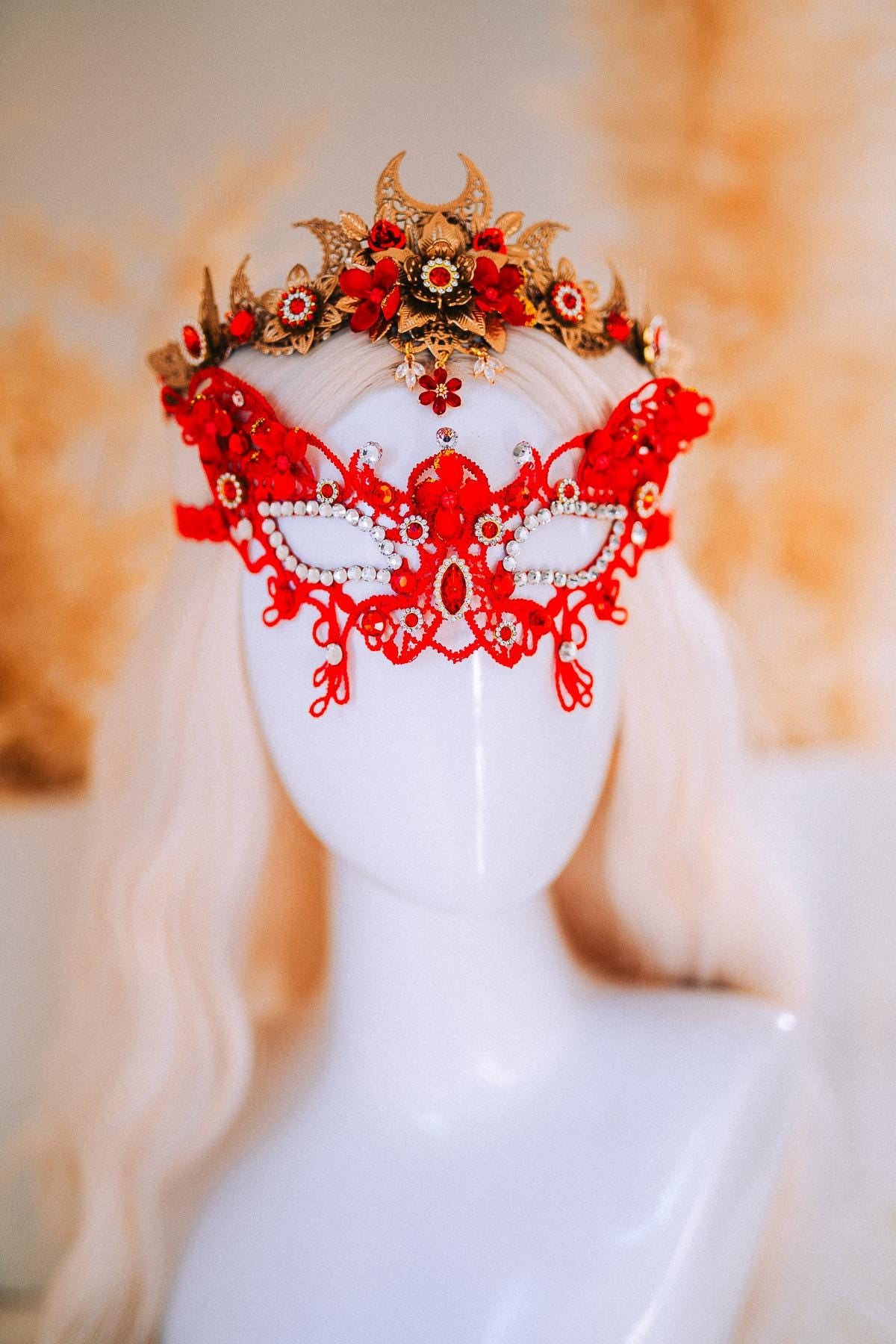 Red Gold Bridal Tiara Moon Crown Floral Wedding Headpiece Crystal Pearl