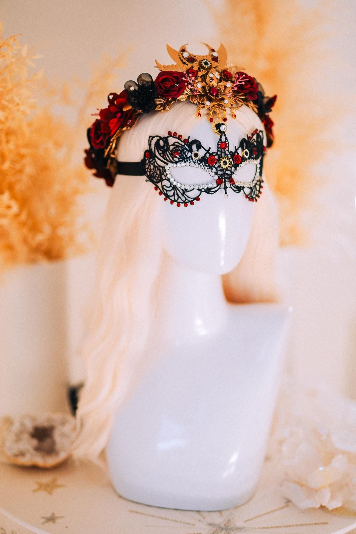 Burgundy Lace Masquerade Mask with Crystal Crown – Venetian Ball Headpiece