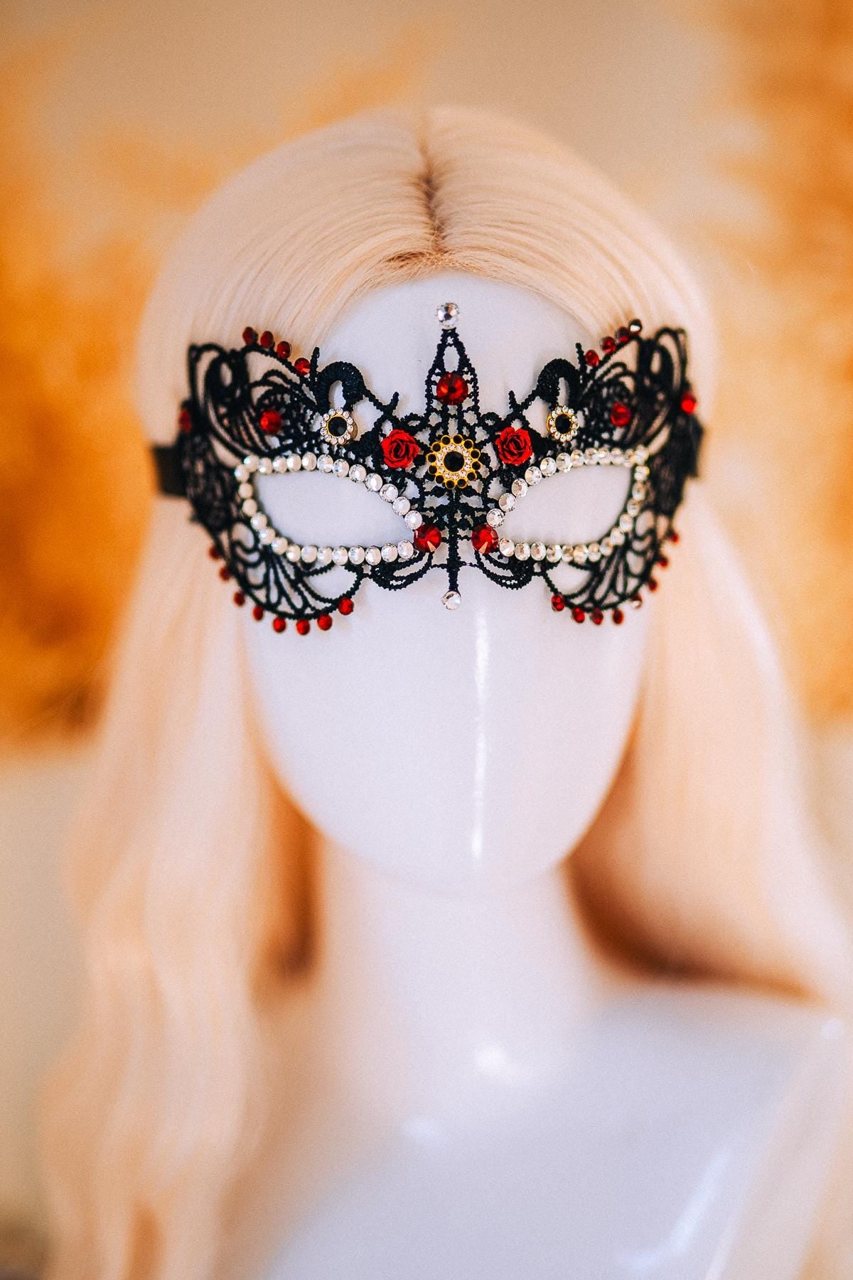 Burgundy Lace Masquerade Mask with Crystal Crown – Venetian Ball Headpiece