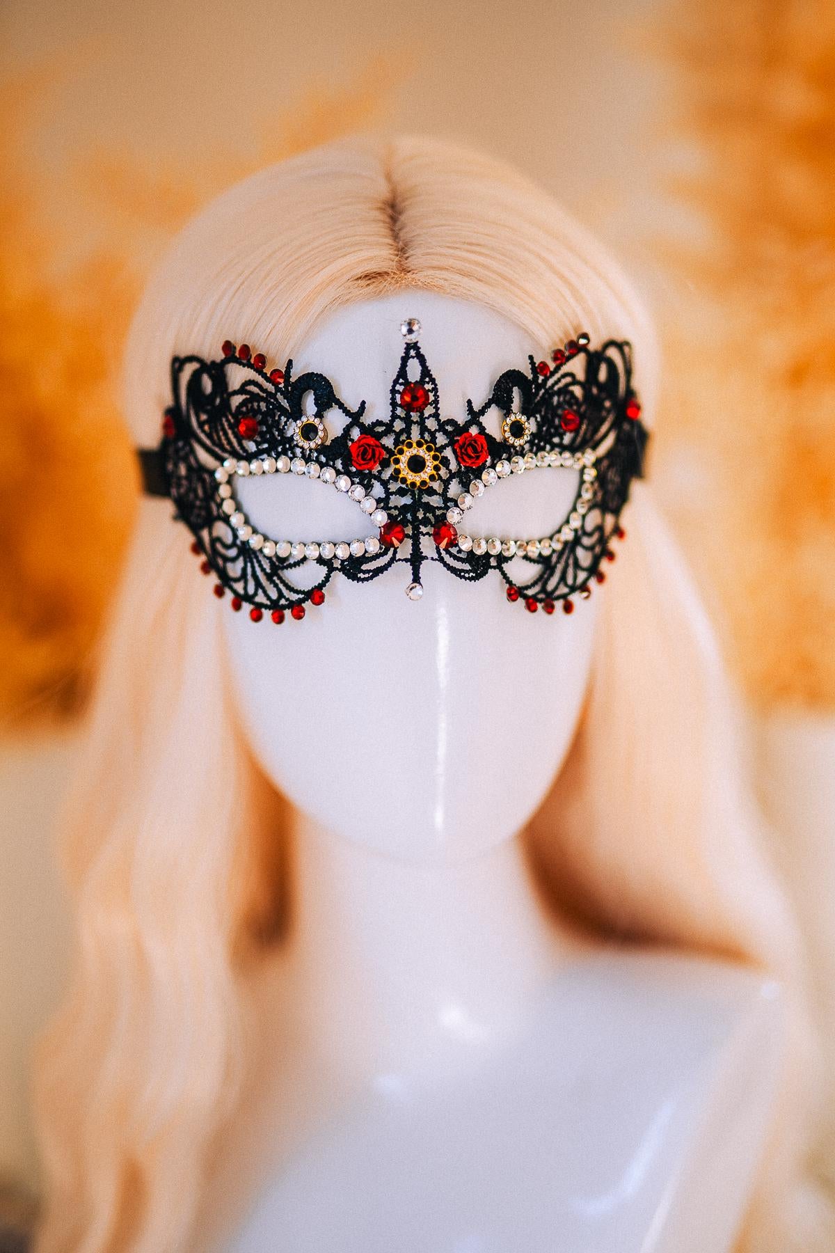 Burgundy Lace Masquerade Mask with Crystal Crown – Venetian Ball Headpiece