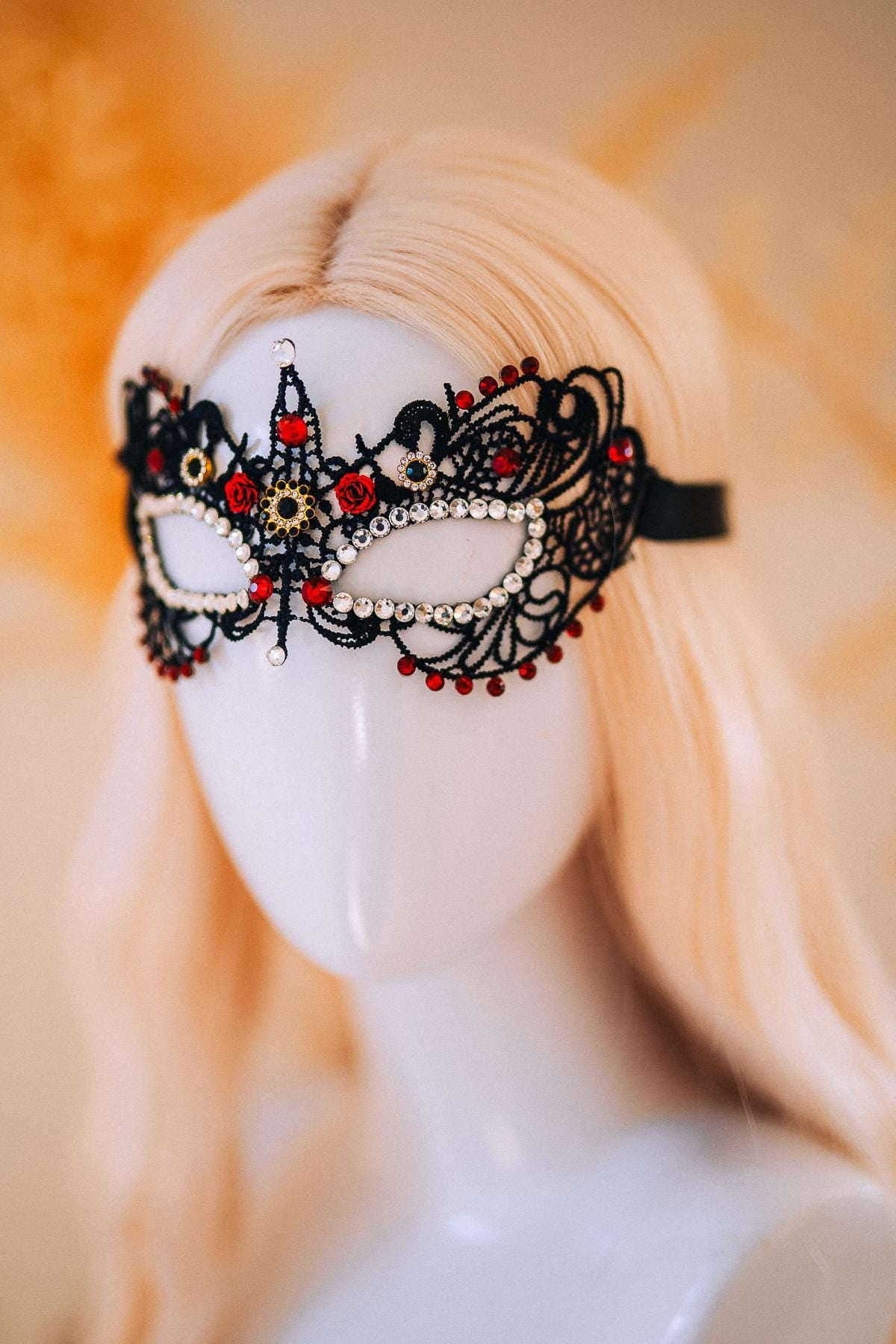 Burgundy Lace Masquerade Mask with Crystal Crown – Venetian Ball Headpiece
