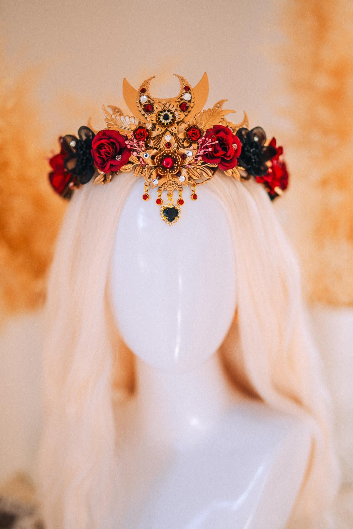 Burgundy Gold Masquerade Crown Floral Tiara Fantasy Ball Headpiece
