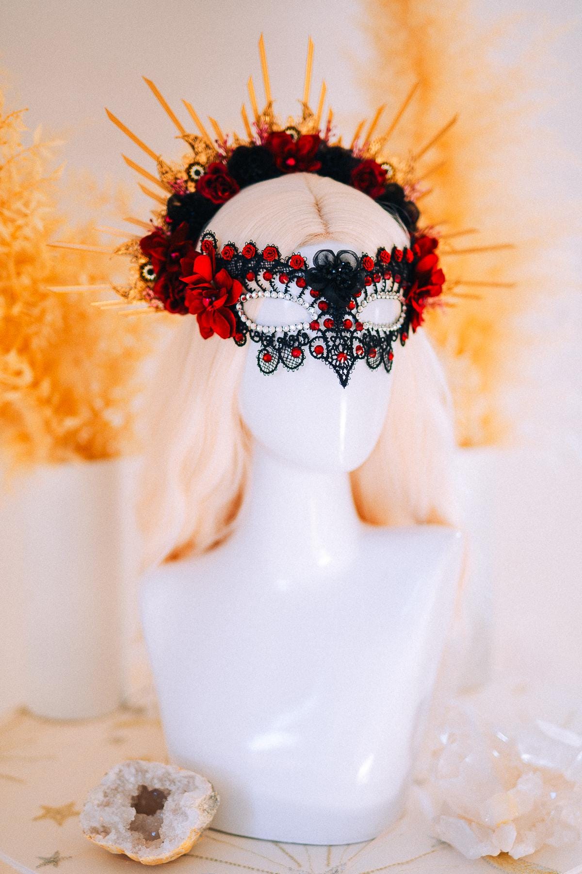 Burgundy Lace Masquerade Mask with Crystals – Fantasy Ball Eye Mask