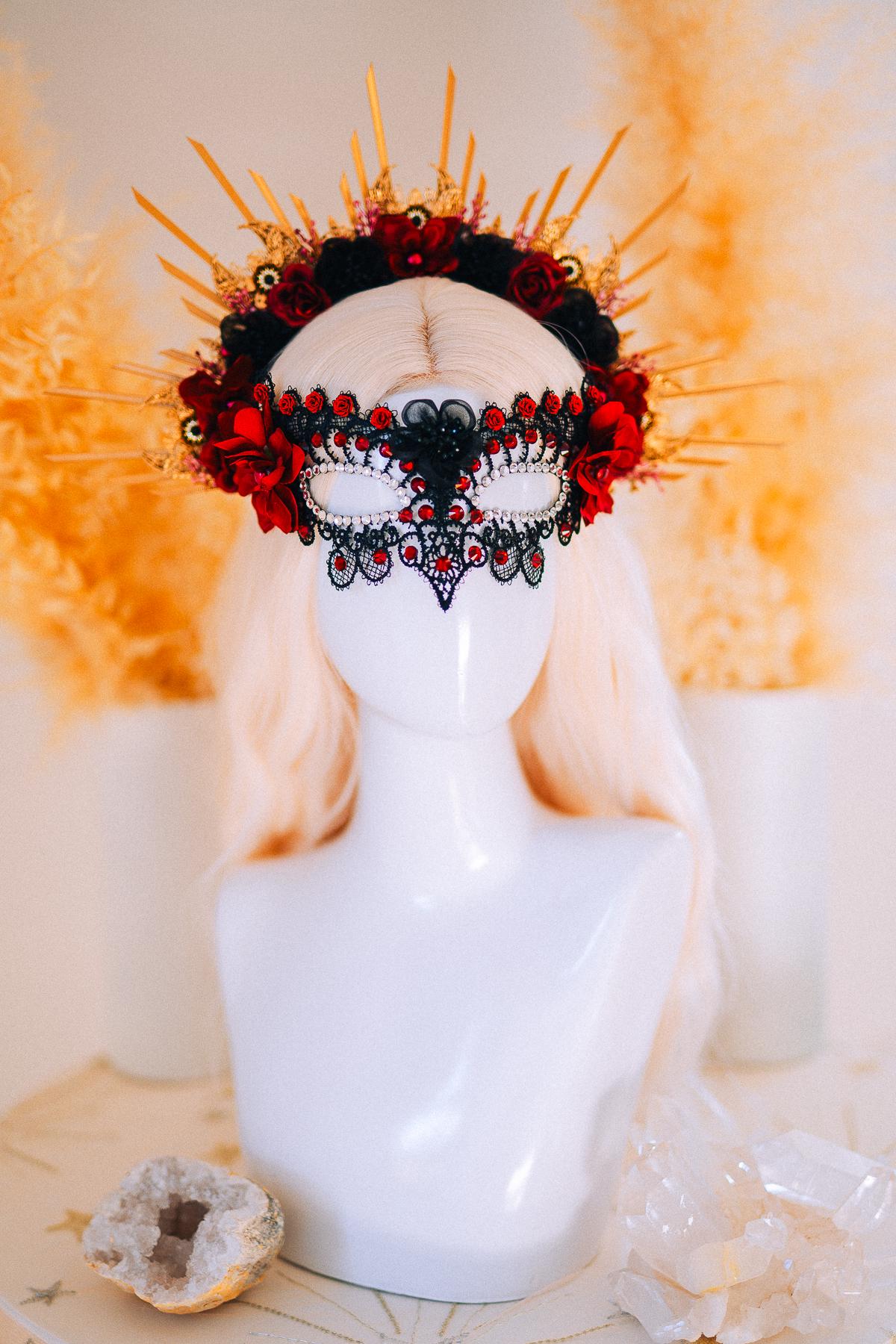 Burgundy Lace Masquerade Mask with Crystals – Fantasy Ball Eye Mask
