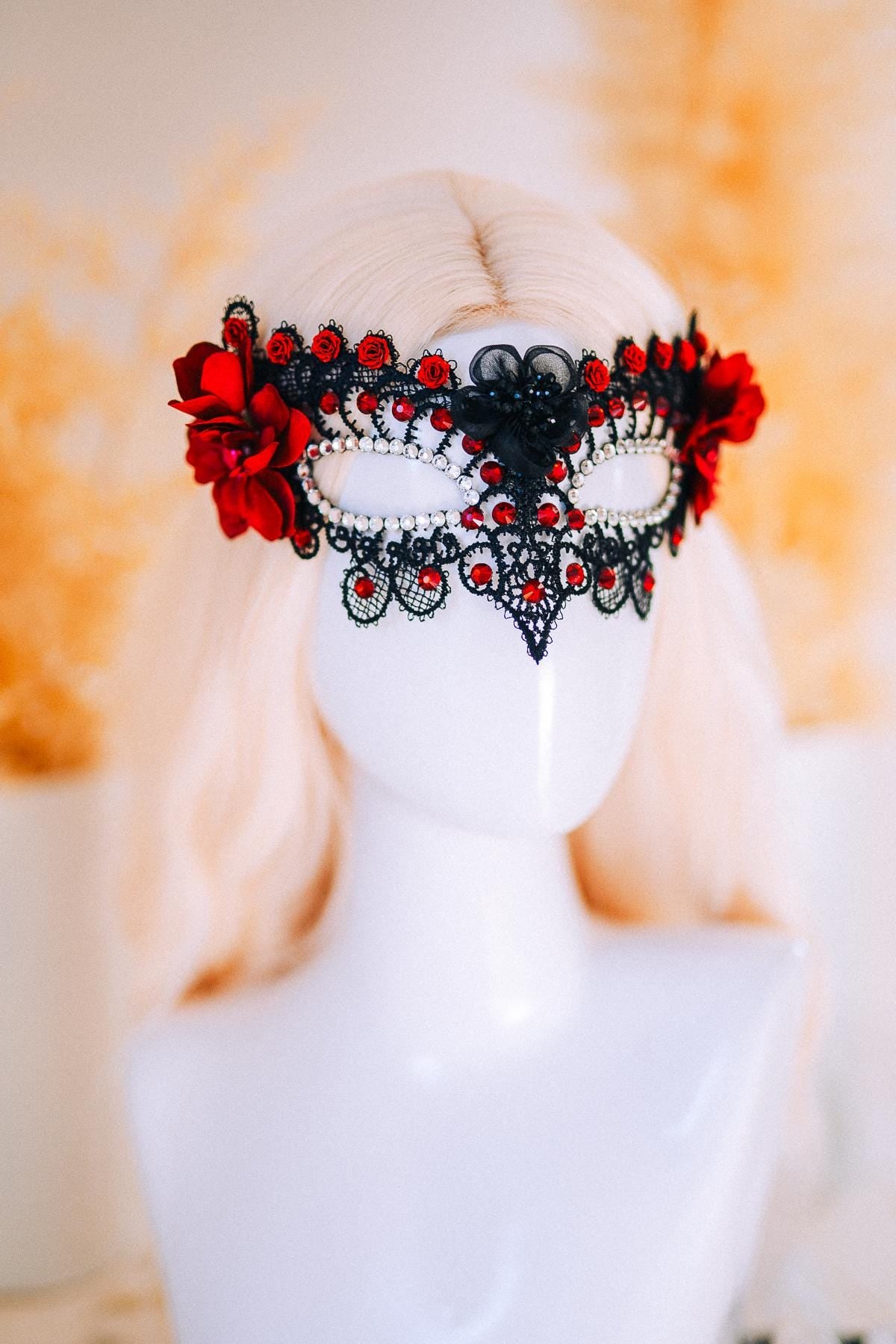 Burgundy Lace Masquerade Mask with Crystals – Fantasy Ball Eye Mask
