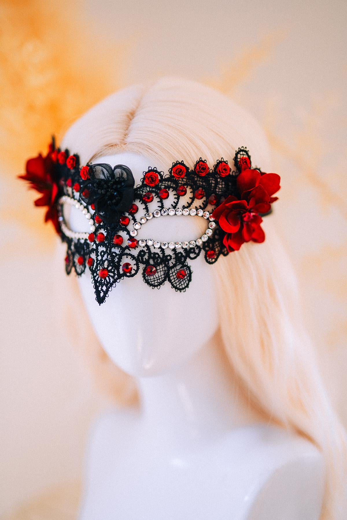 Burgundy Lace Masquerade Mask with Crystals – Fantasy Ball Eye Mask