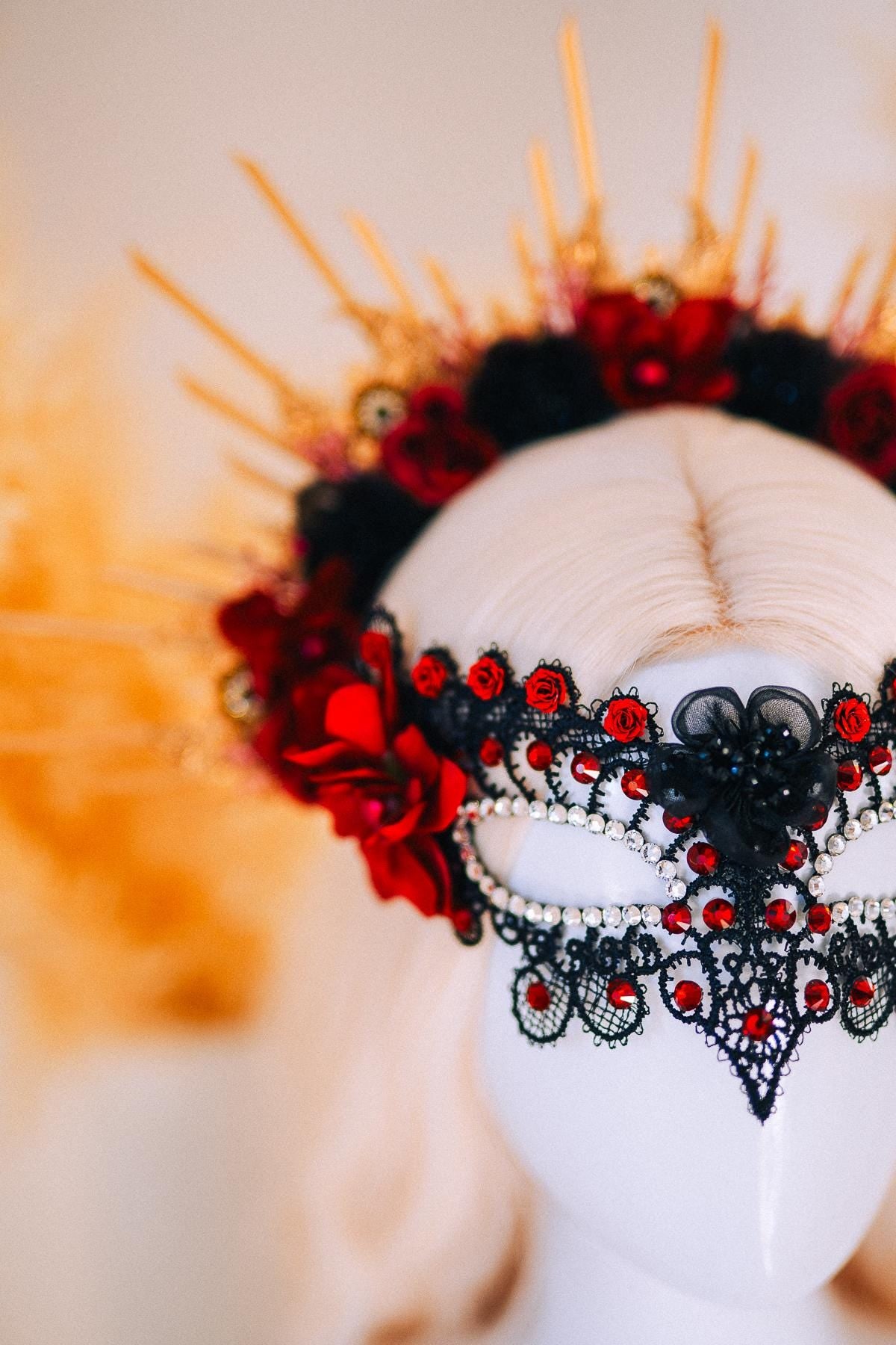 Burgundy Lace Masquerade Mask with Crystals – Fantasy Ball Eye Mask