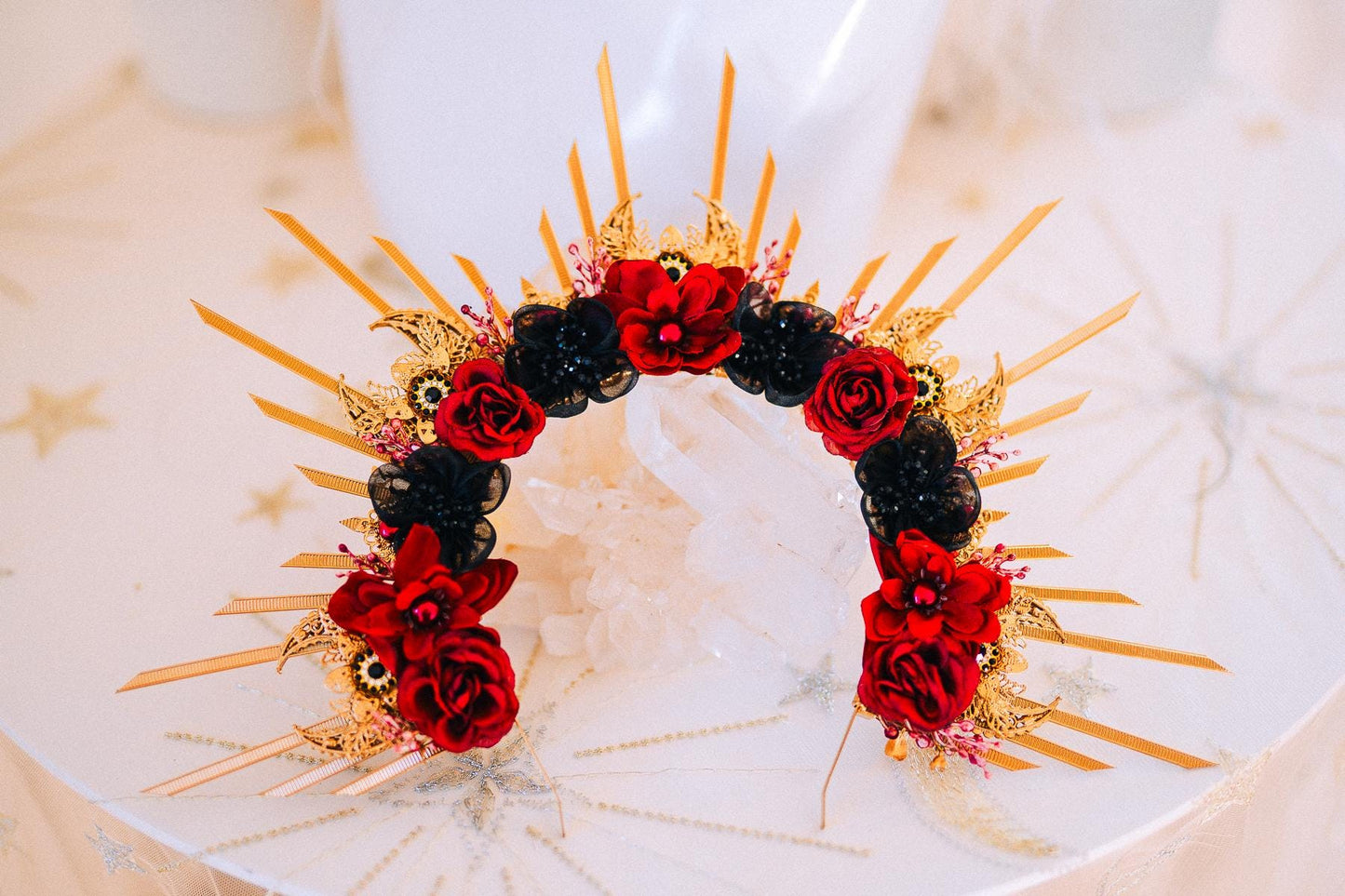 Burgundy Gold Crown Sunburst Tiara Masquerade Queen Headpiece