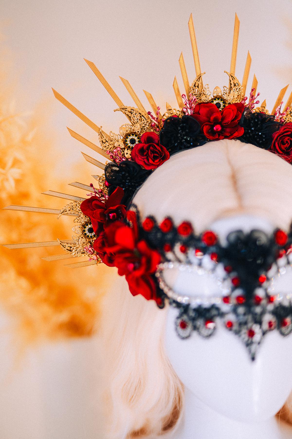 Burgundy Lace Masquerade Mask with Crystals – Fantasy Ball Eye Mask