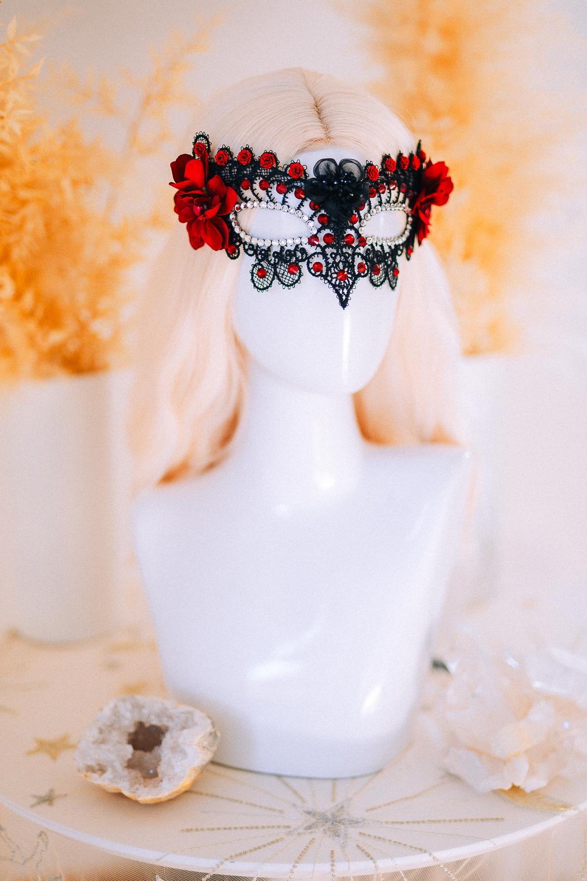Burgundy Lace Masquerade Mask with Crystals – Fantasy Ball Eye Mask