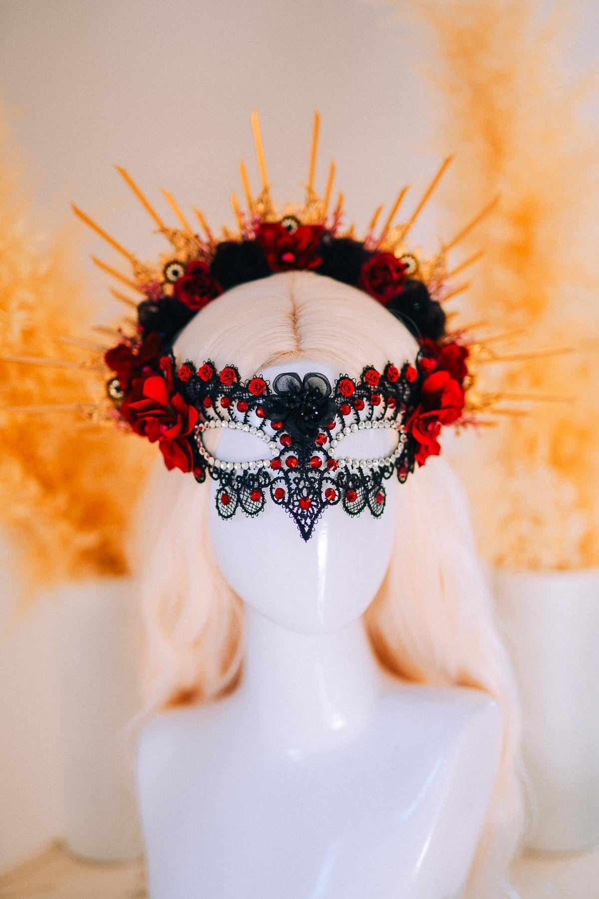 Burgundy Gold Crown Sunburst Tiara Masquerade Queen Headpiece