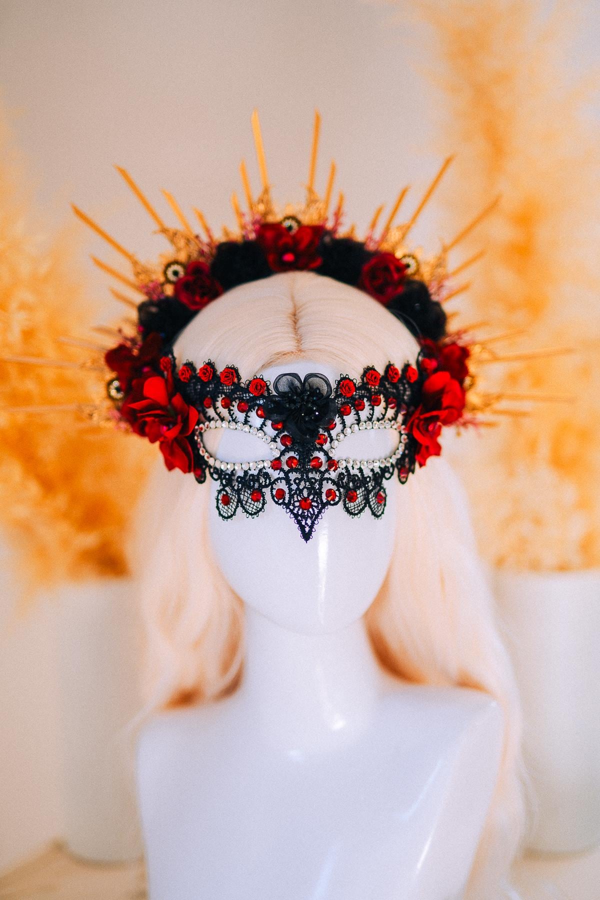 Burgundy Lace Masquerade Mask with Crystals – Fantasy Ball Eye Mask