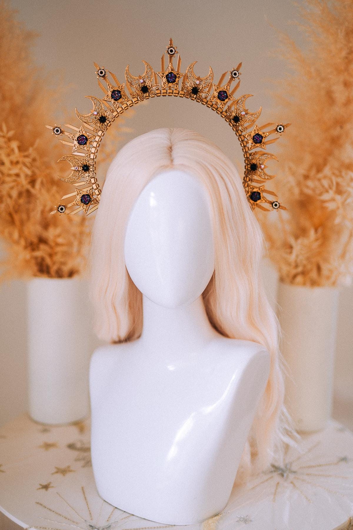 Gold Peacock Halo Crown Masquerade Set Venetian Mask Crown Black Crystal Costume Headpiece