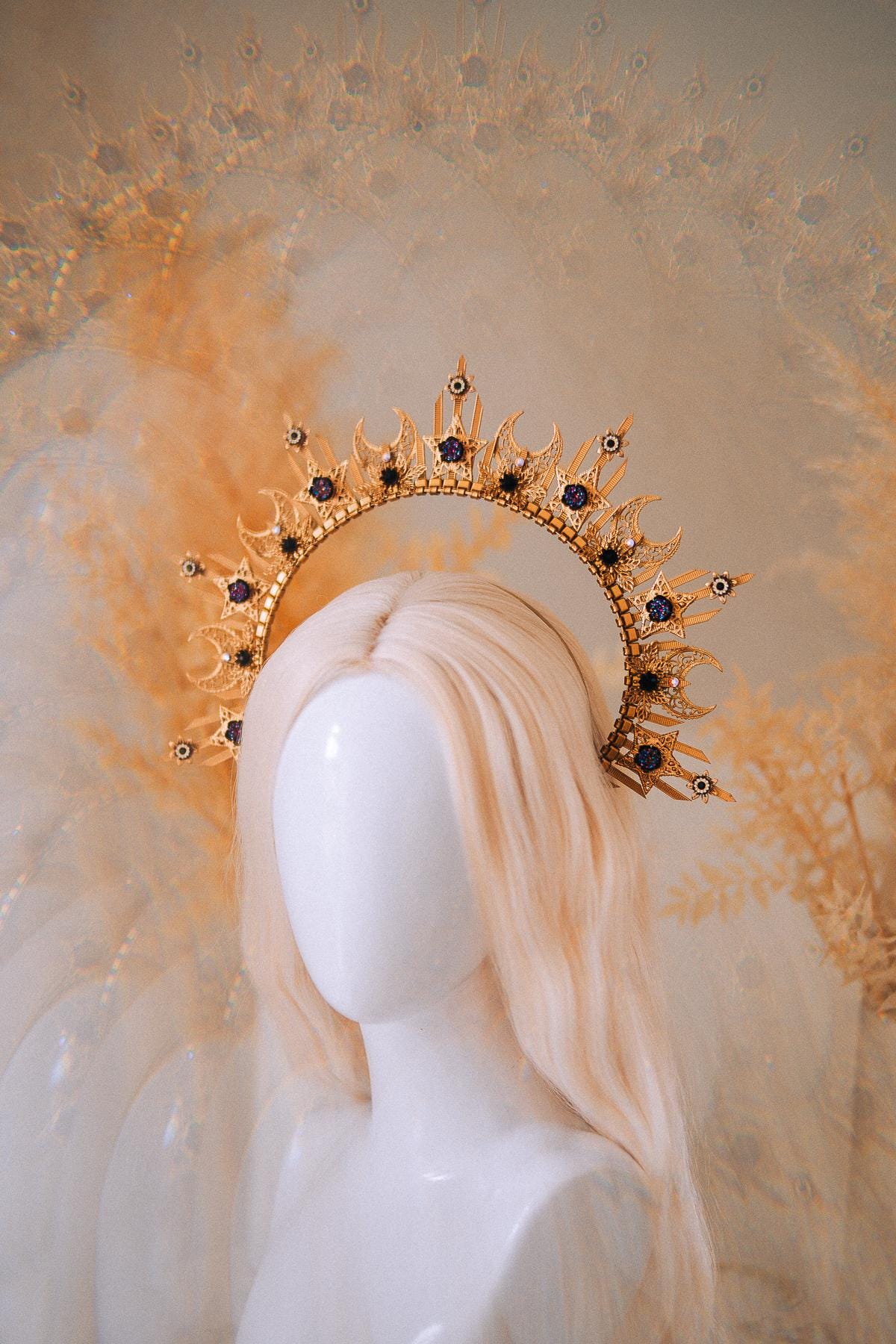 Gold Peacock Halo Crown Masquerade Set Venetian Mask Crown Black Crystal Costume Headpiece