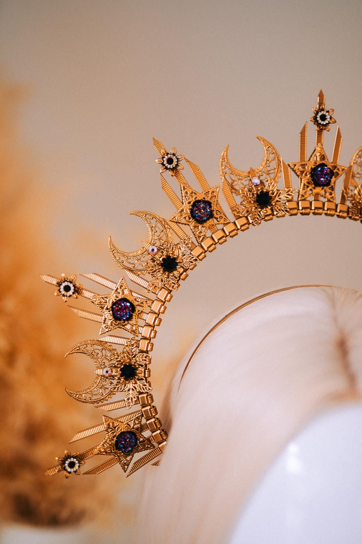 Gold Peacock Halo Crown Masquerade Set Venetian Mask Crown Black Crystal Costume Headpiece