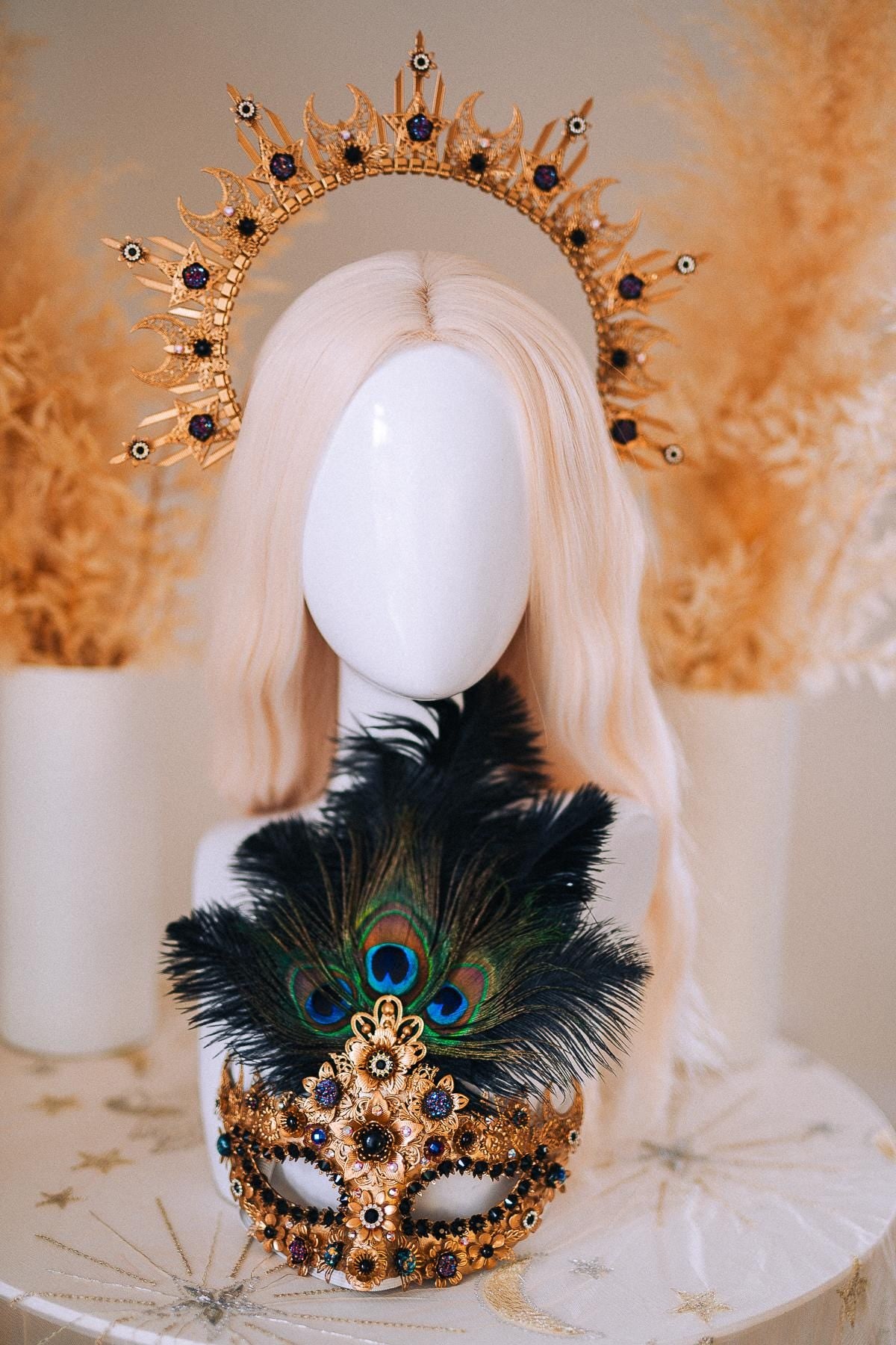 Gold Peacock Halo Crown Masquerade Set Venetian Mask Crown Black Crystal Costume Headpiece