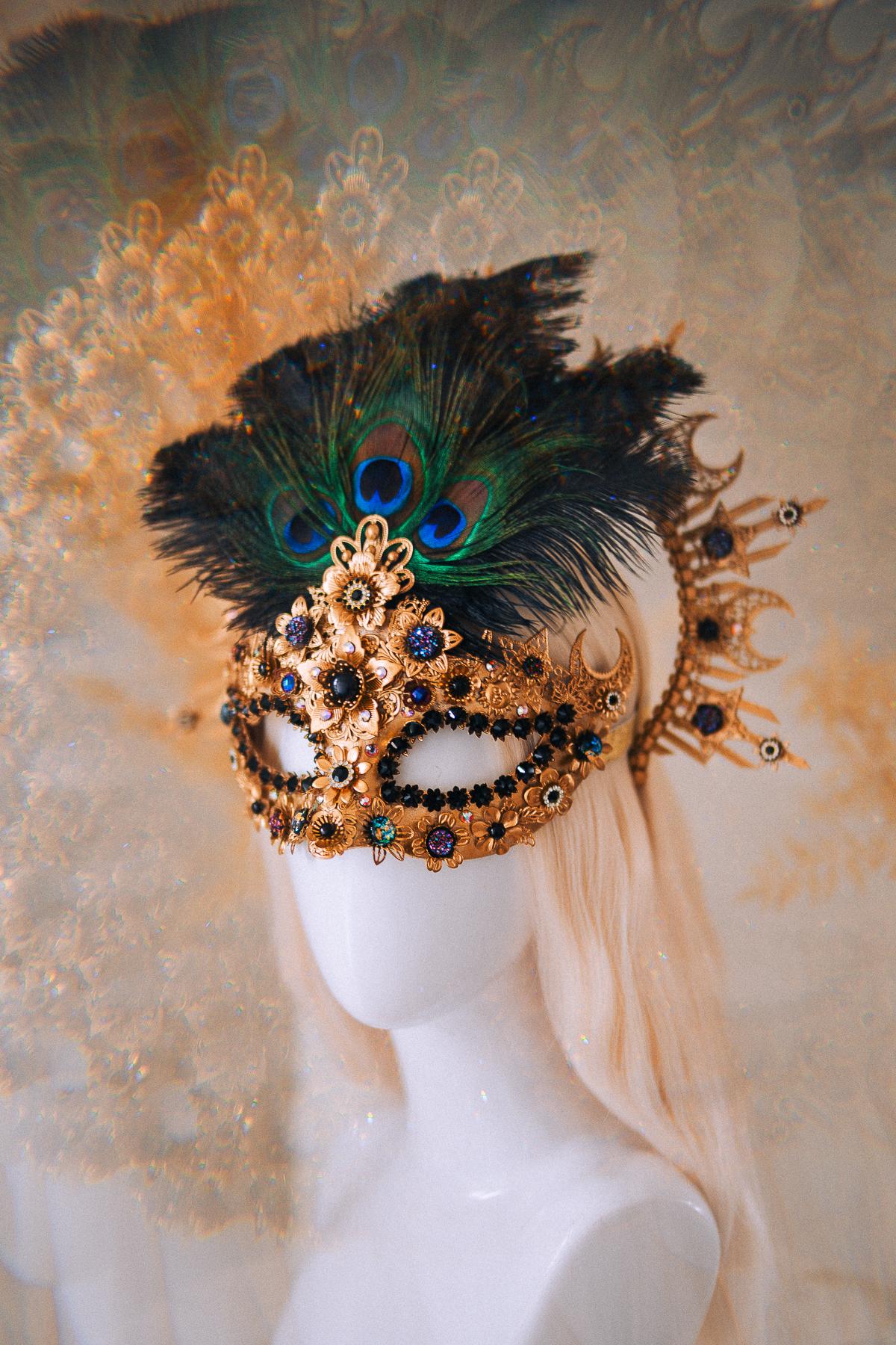 Gold Peacock Halo Crown Masquerade Set Venetian Mask Crown Black Crystal Costume Headpiece