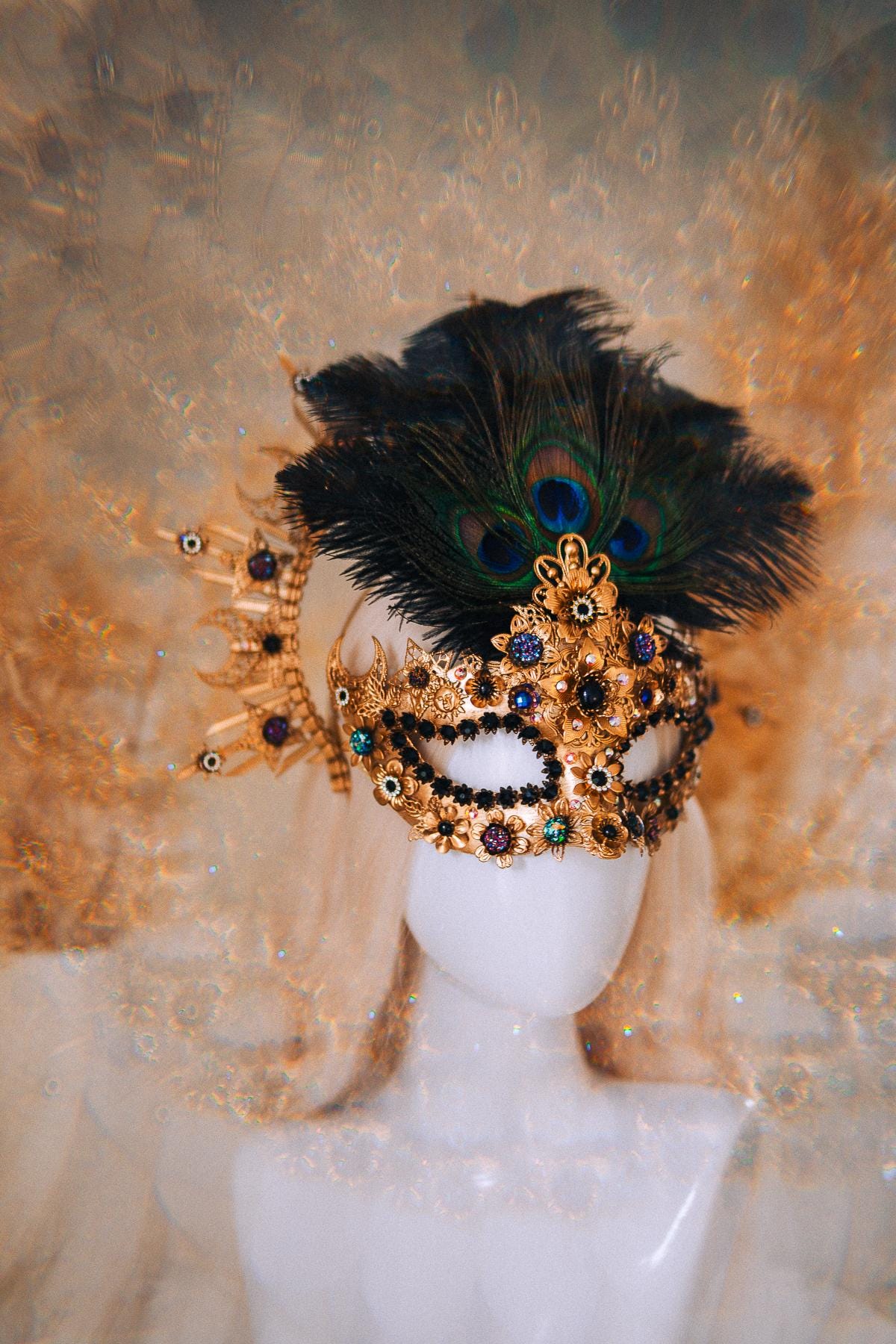 Gold Peacock Halo Crown Masquerade Set Venetian Mask Crown Black Crystal Costume Headpiece