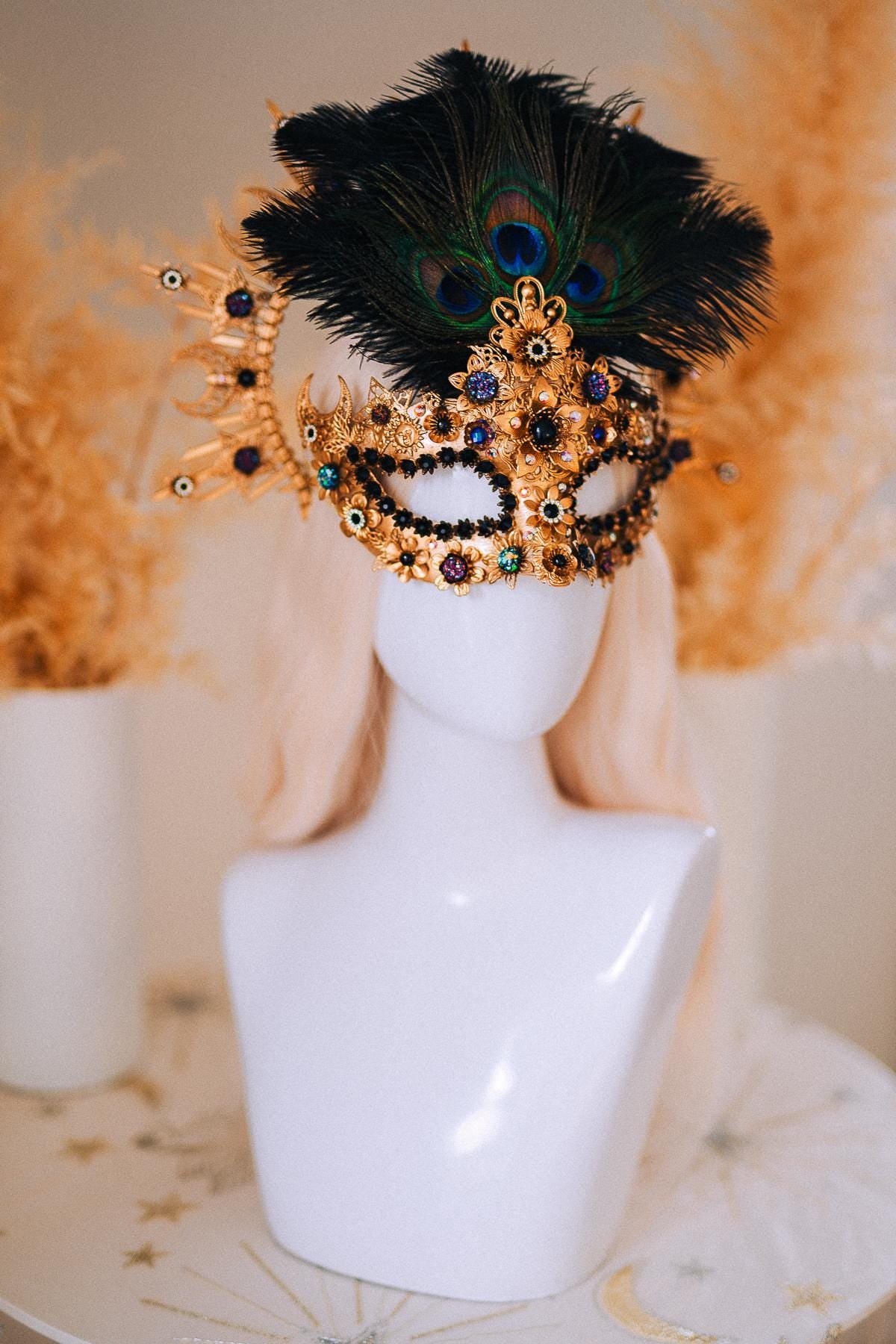 Gold Peacock Halo Crown Masquerade Set Venetian Mask Crown Black Crystal Costume Headpiece